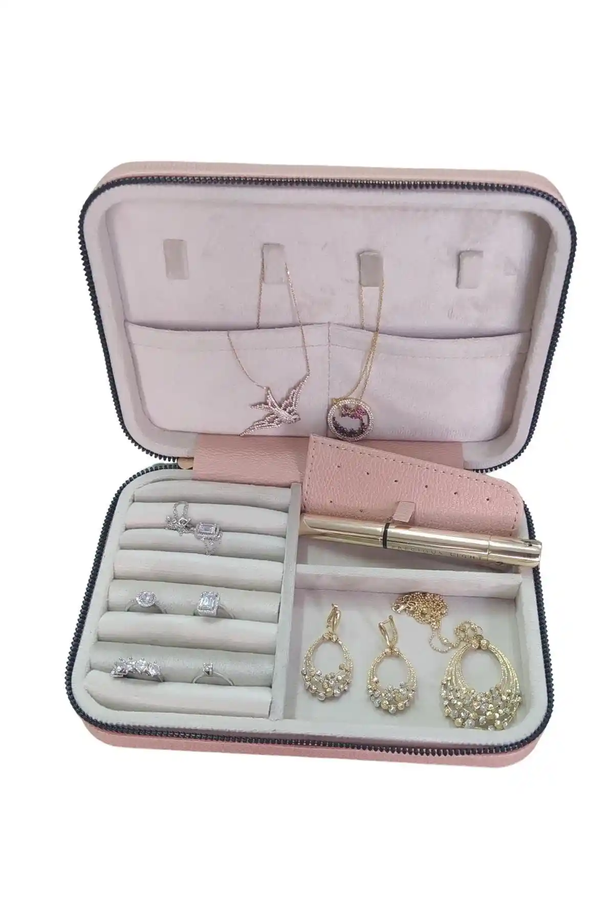 ÖZER KUTU Fermuarlı Deri Ahşap Kasalı Büyük Boy Takı ve Mücevher Çantası