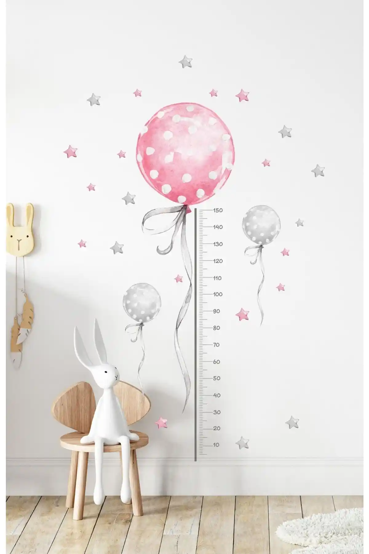 Pembe Balonlu Boy Ölçer Duvar Sticker Çocuk Odası Dekorasyonu İçin Uygun
