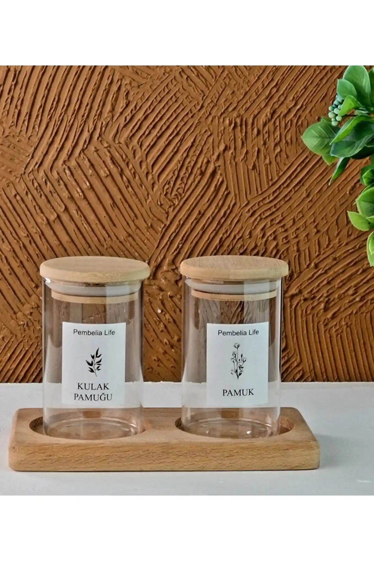 Pembelia Life 2'li bambu standlı cam kapaklı kulak pamuğu kutusu ile şıklık ve hijyen