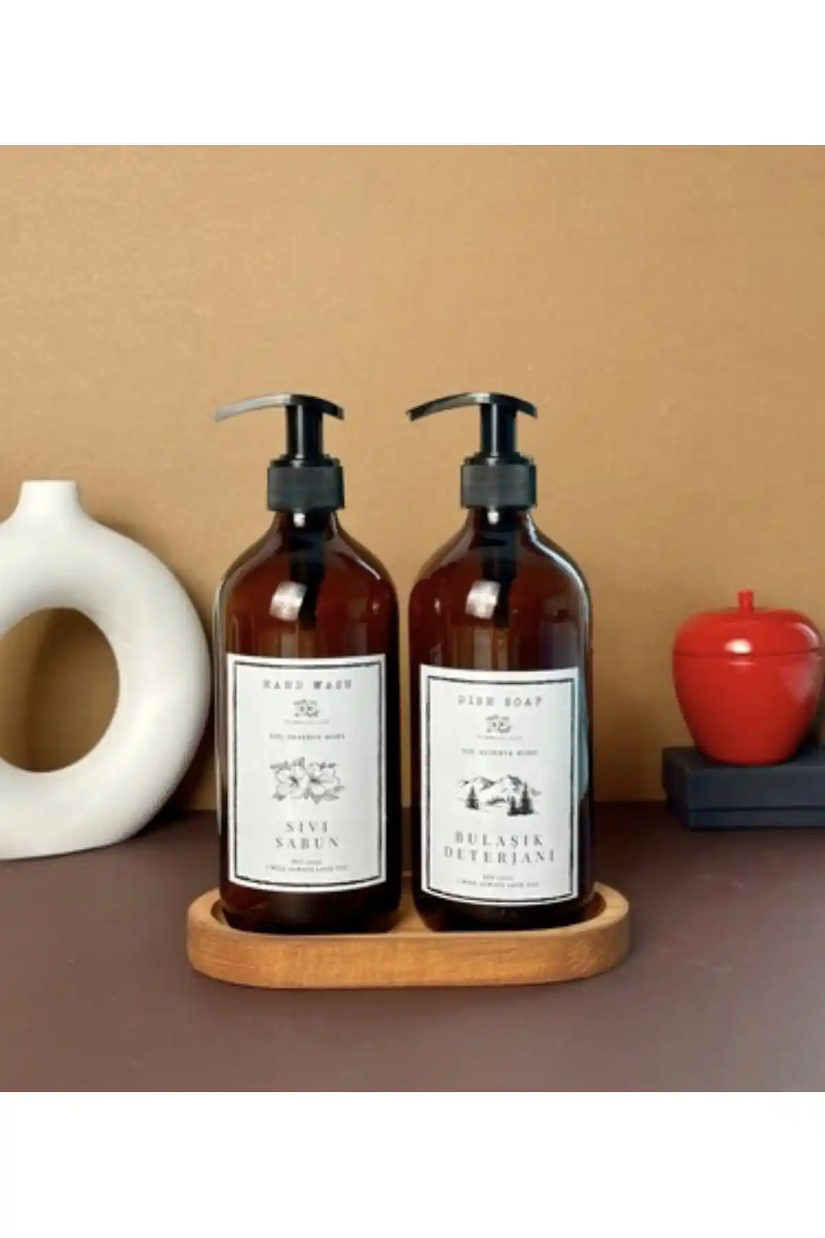 Pembelia Life Oval Ahşap Standlı 2'li 500ml Amber Cam Sıvı Sabun Deterjan Şişesi