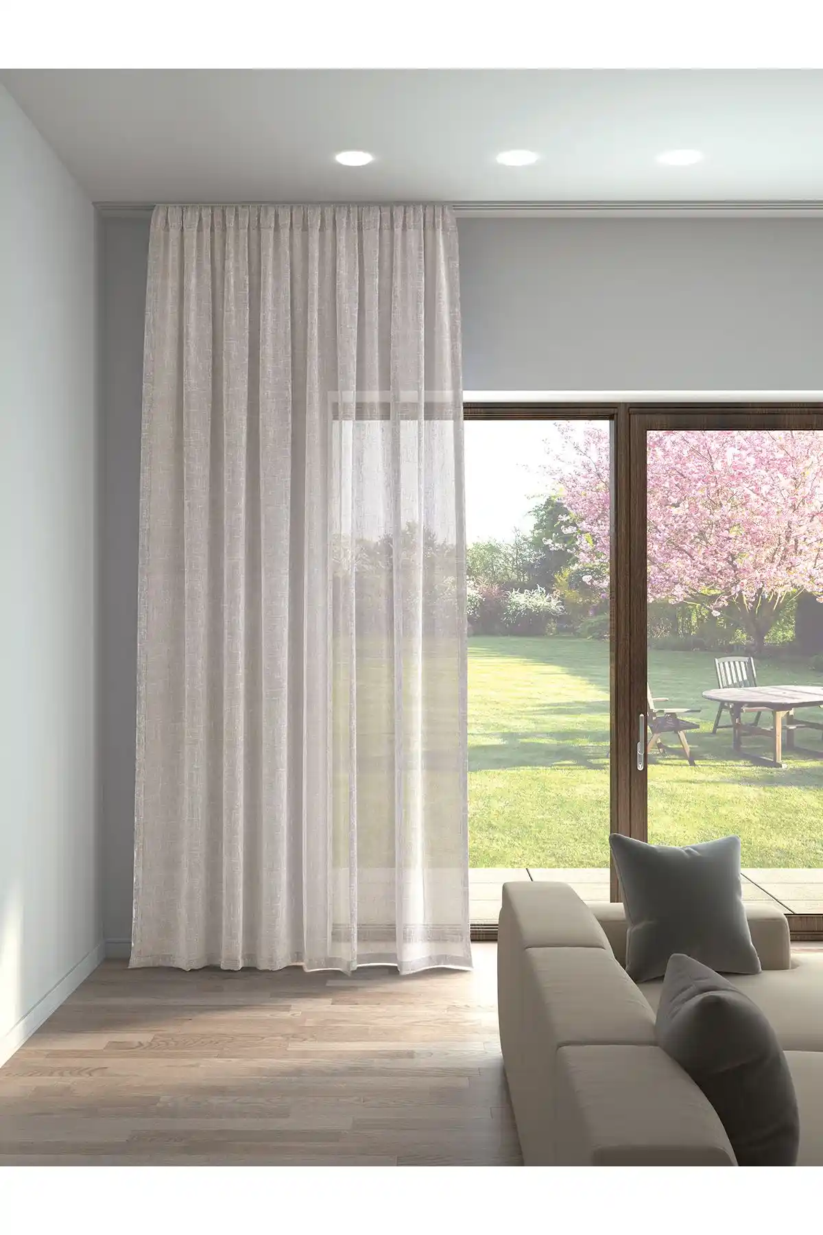 Perle Bej Renk Keten Görünümlü ve Ekru Rengi Ada Fon Perde Karşılaştırması