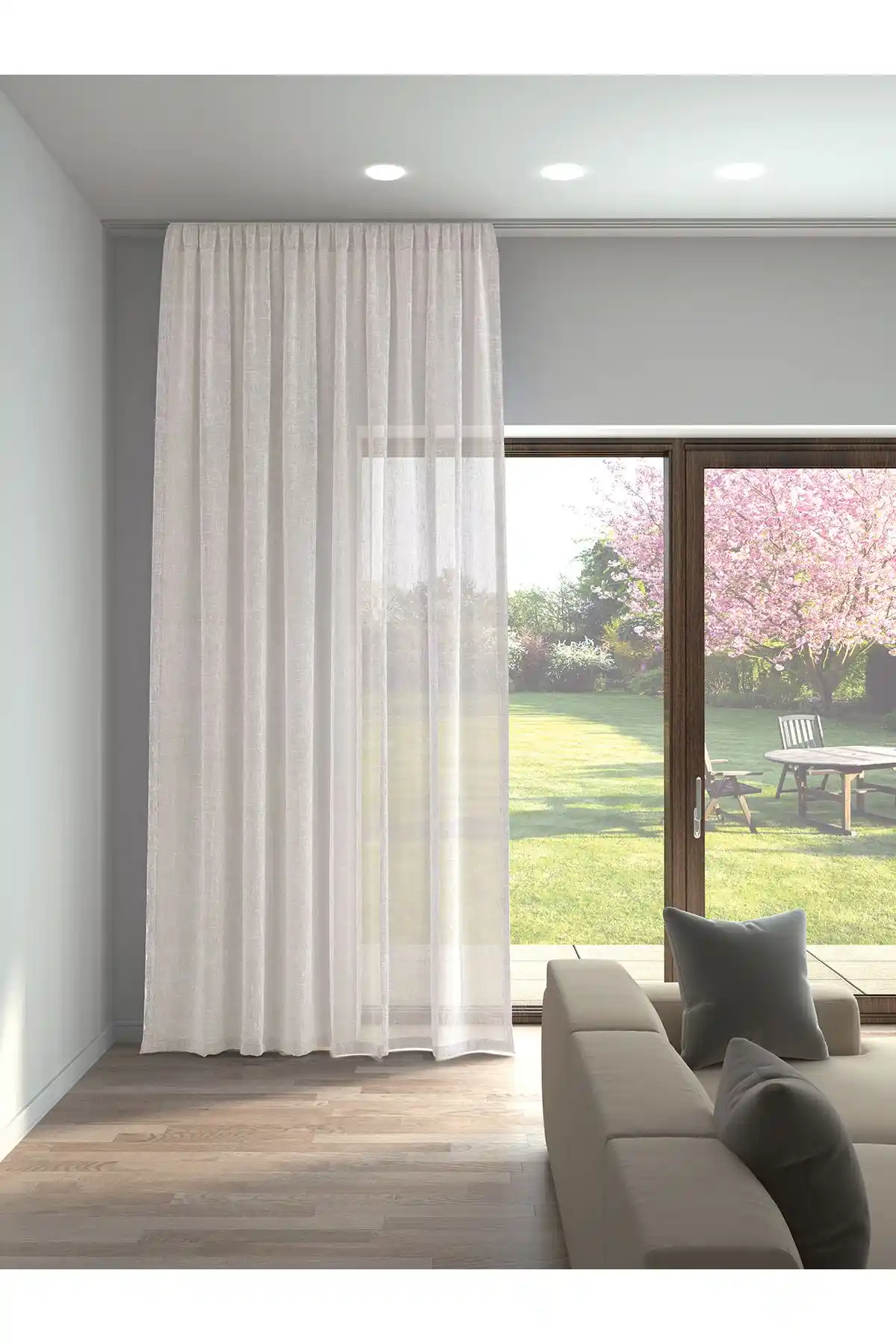 Perle Ekru Renk Keten Görünüm Düz Tül Perde: Şık ve Dayanıklı Modern Dekorasyon Ürünü