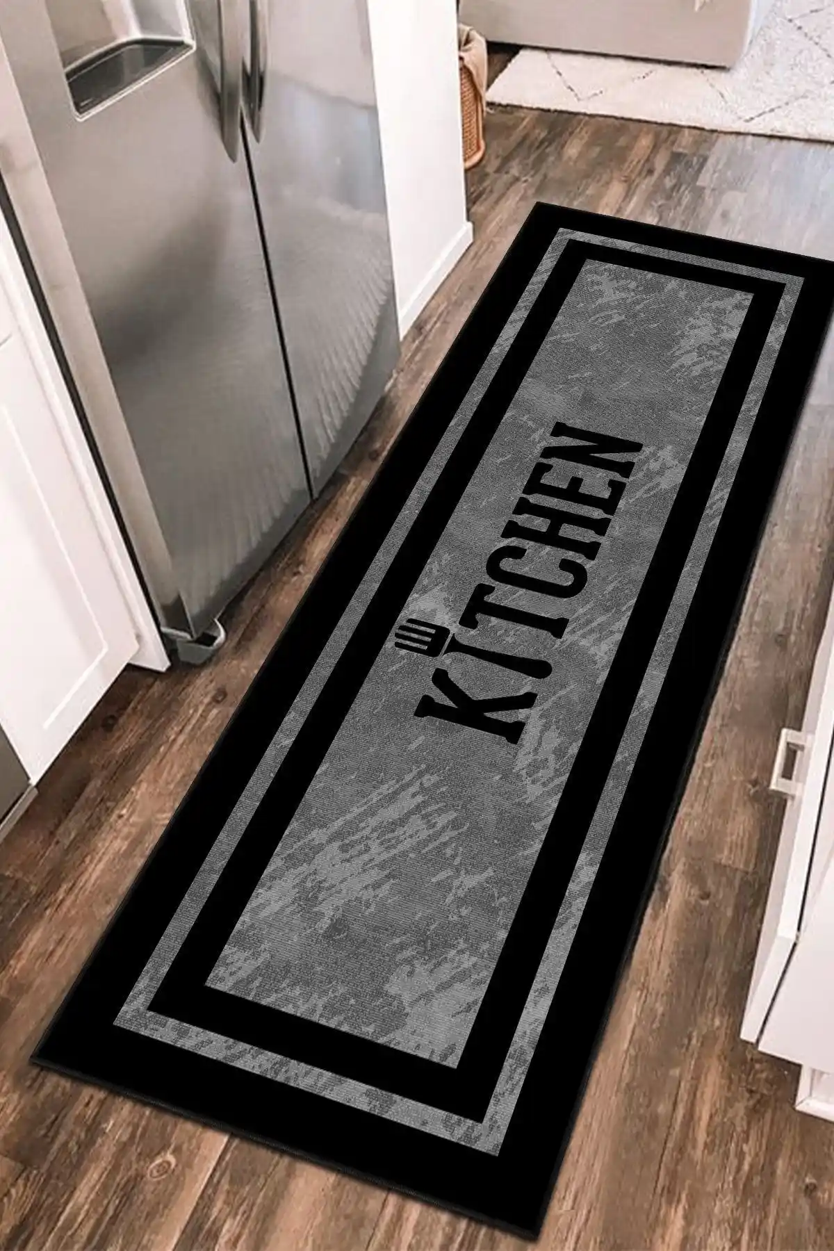 PINKIE HOME Dijital Baskılı Kaymaz Tabanlı Gri Mutfak Halısı Yollukları