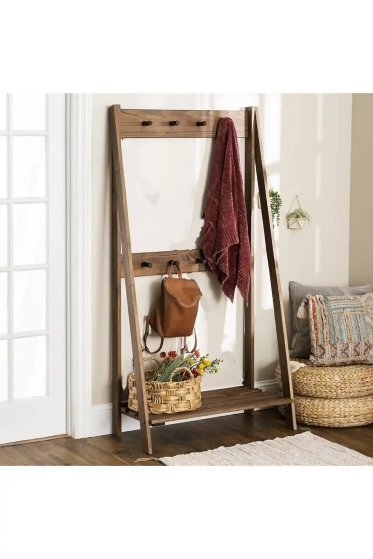 PinoXi Kahverengi Doğal Ahşap Vestiyer Askılık ve Ayakkabılık: Modern ve Fonksiyonel Tasarım