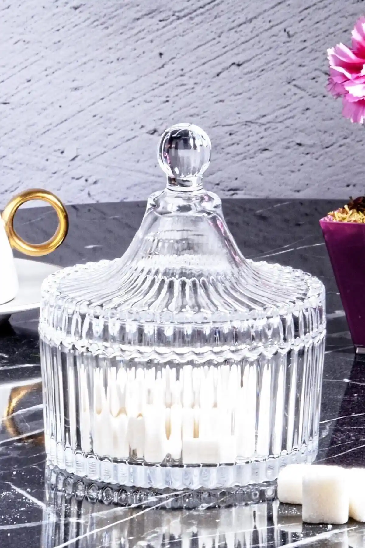 Porselen Diyarı Kesme Kapaklı Cam Şekerlik Modern Tasarım ve Dayanıklılık