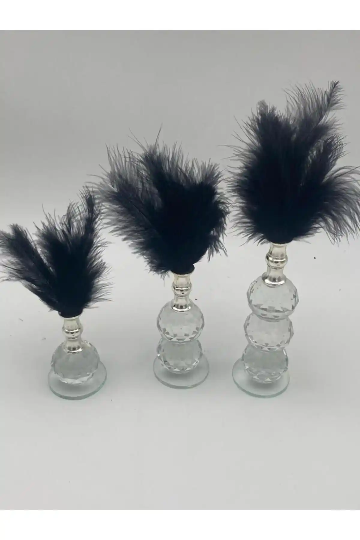PoyaMum Dekoratif Tüy Seti Siyah Gümüş Kristal Cam 3'lü Biblo Modern Dekorasyon