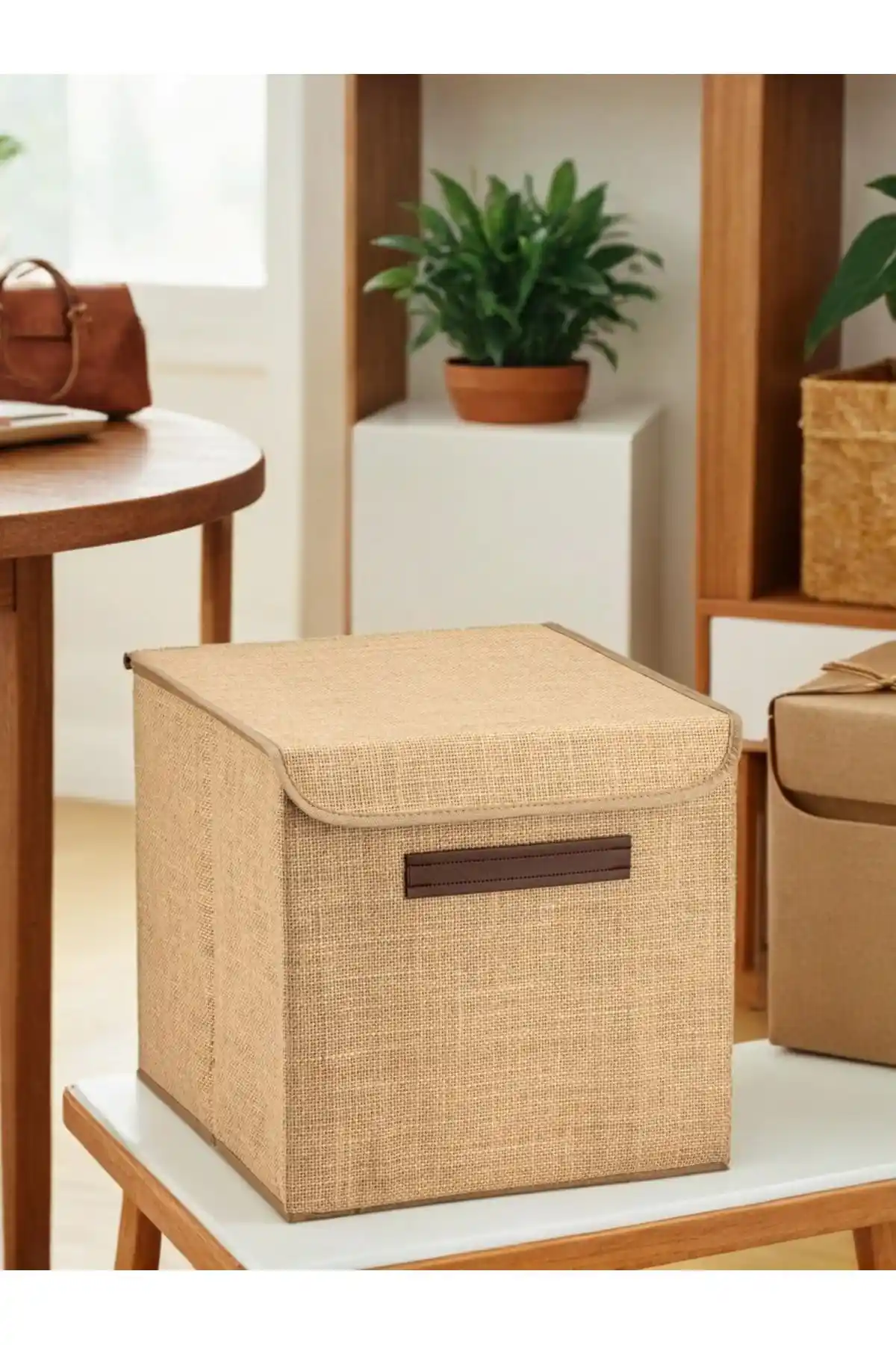PRENDİ HOME Jüt Deri Saplı Kapaklı Kutu Doğal ve Şık Depolama Çözümü