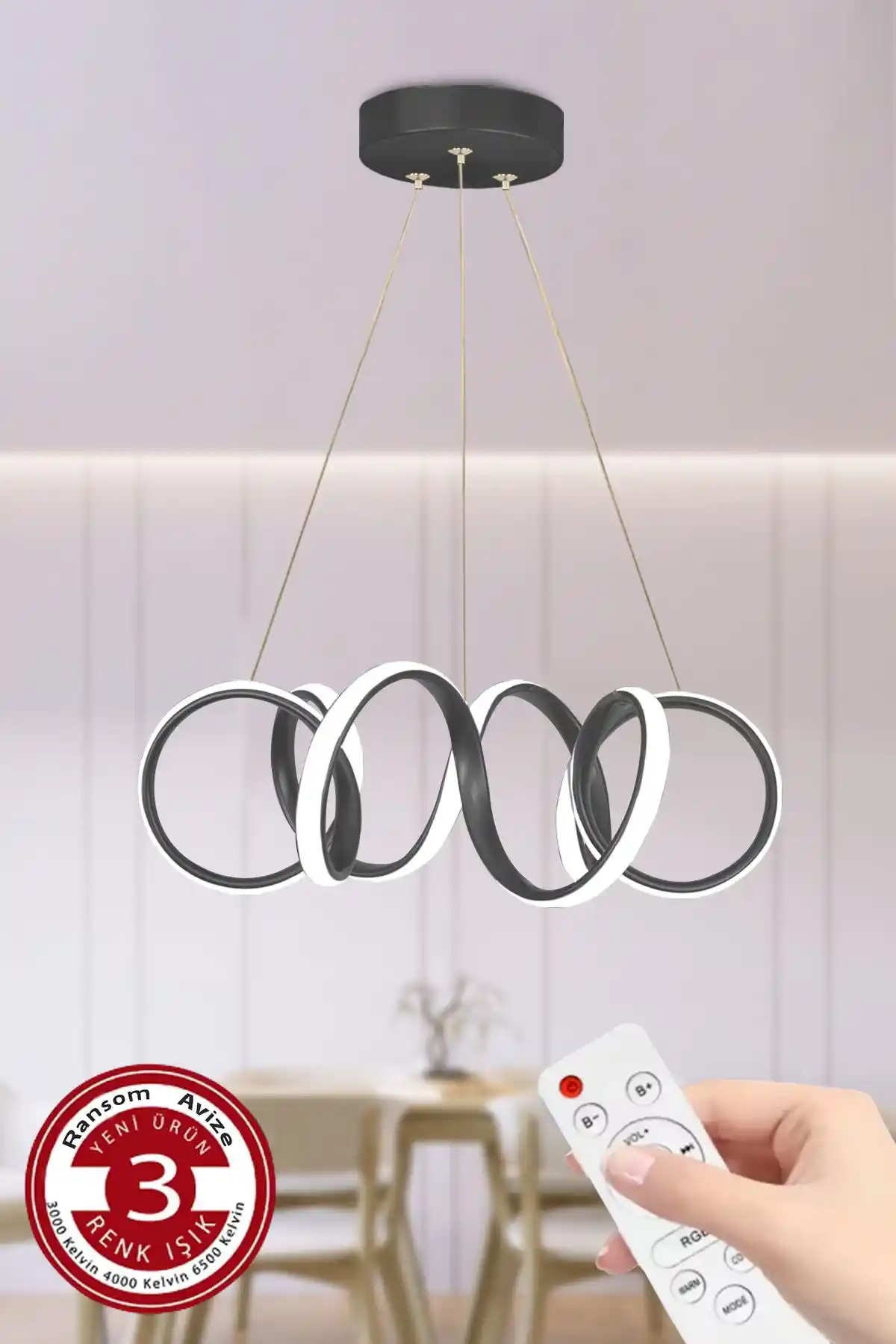 RANSOM 3 Renk Kumandalı Siyah Kasa LED Avize Modern ve Enerji Verimli Aydınlatma Çözümü