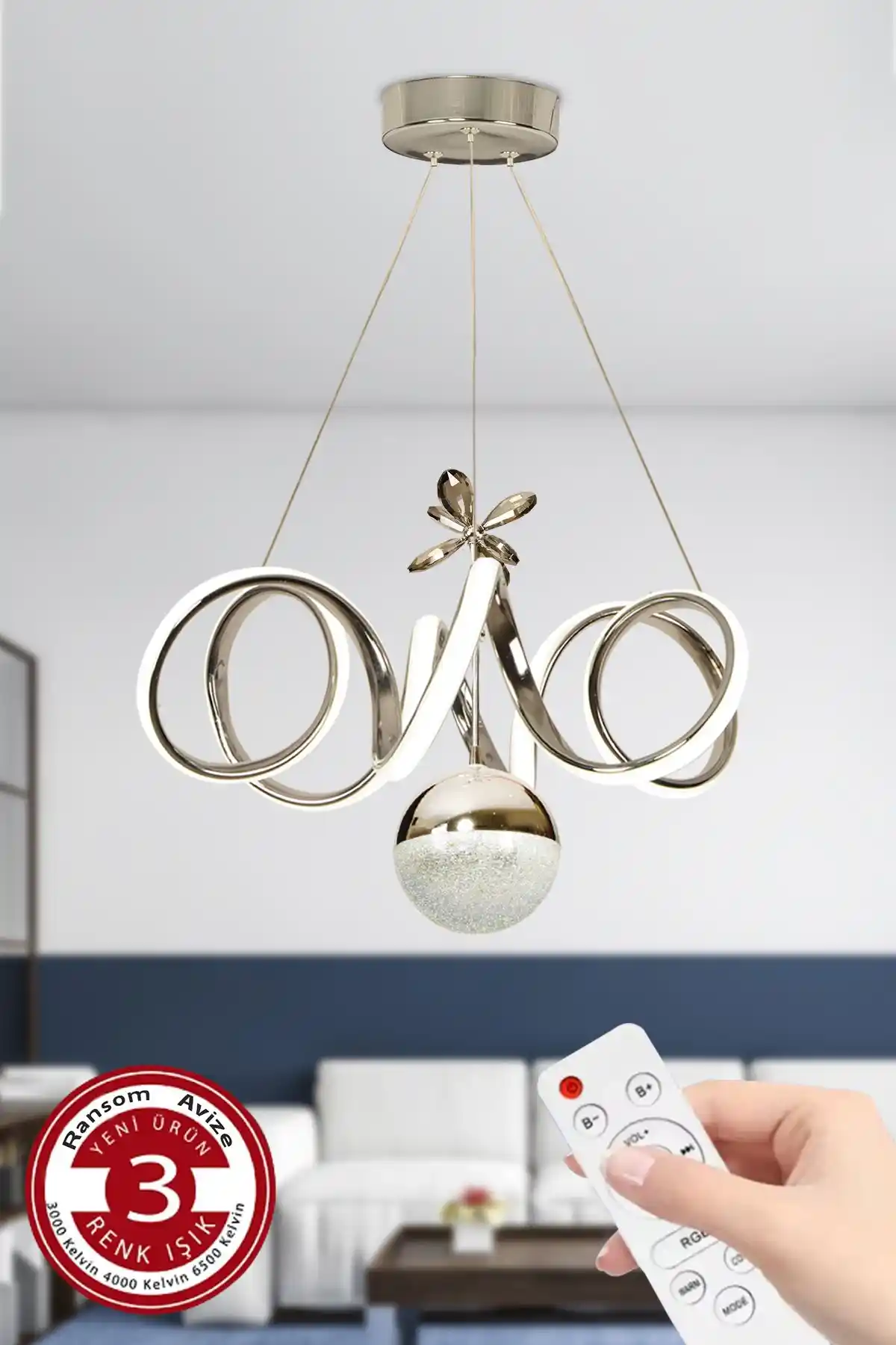 RANSOM 3 Renk Toplu Kumandalı Krom Güçlü Dimmerli LED Avize Modern Aydınlatma Çözümü