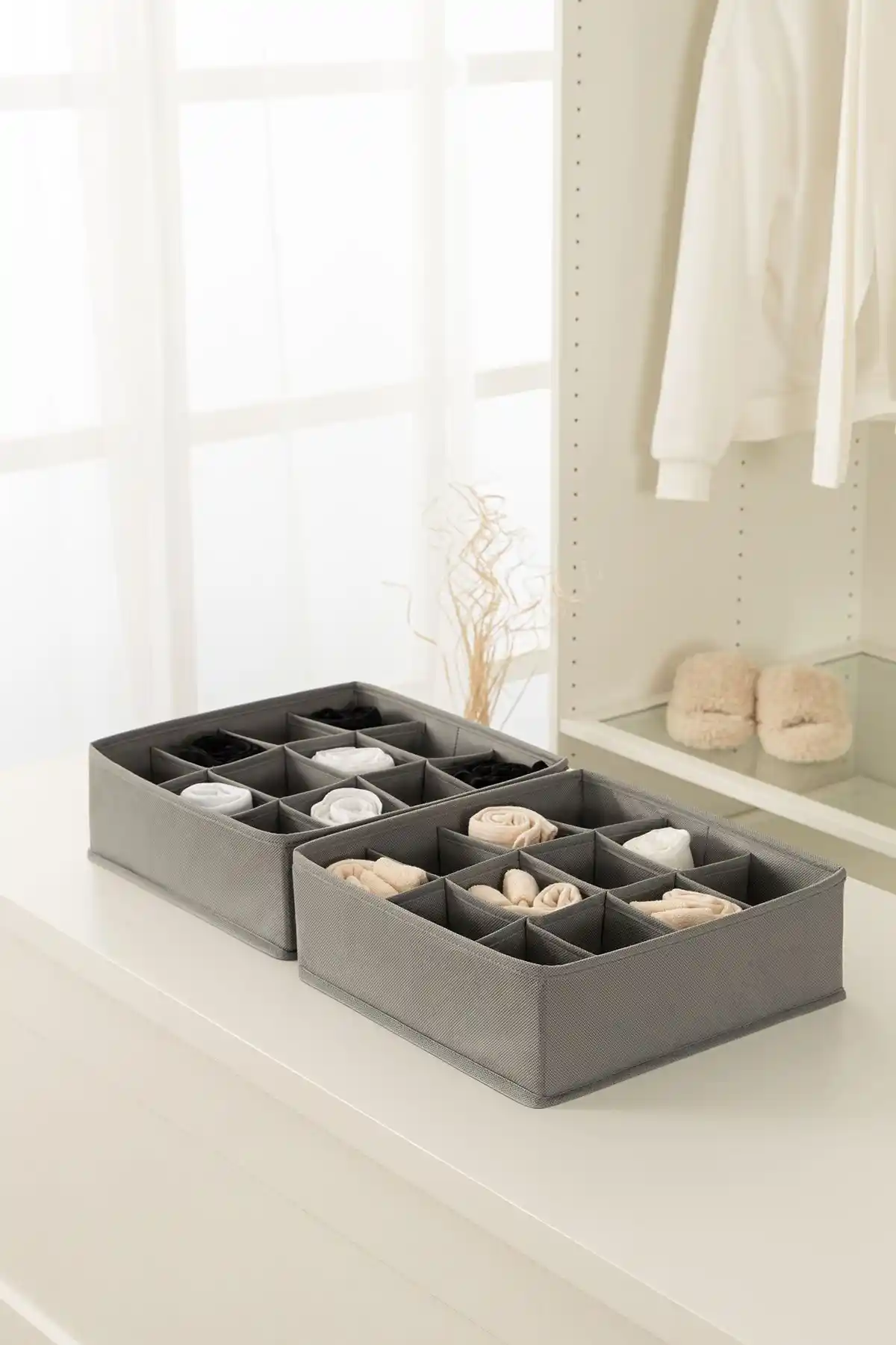 REKHOME 2'li Gri Giyim Düzenleyici Kutularıyla Evinizi ve Ofisinizi Şık ve Fonksiyonel Şekilde Düzenleyin