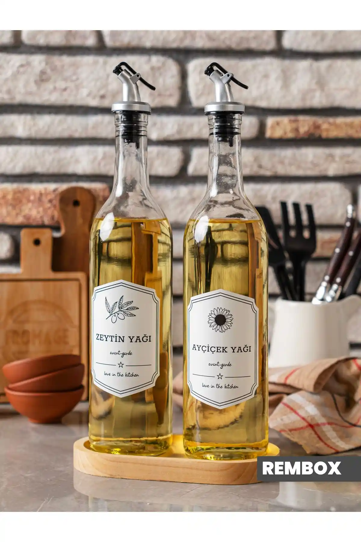 Rembox Ahşap Standlı 2'li Yağ ve Sirke Şişesi Seti Modern ve Şık Mutfak Dekorasyonu İçin