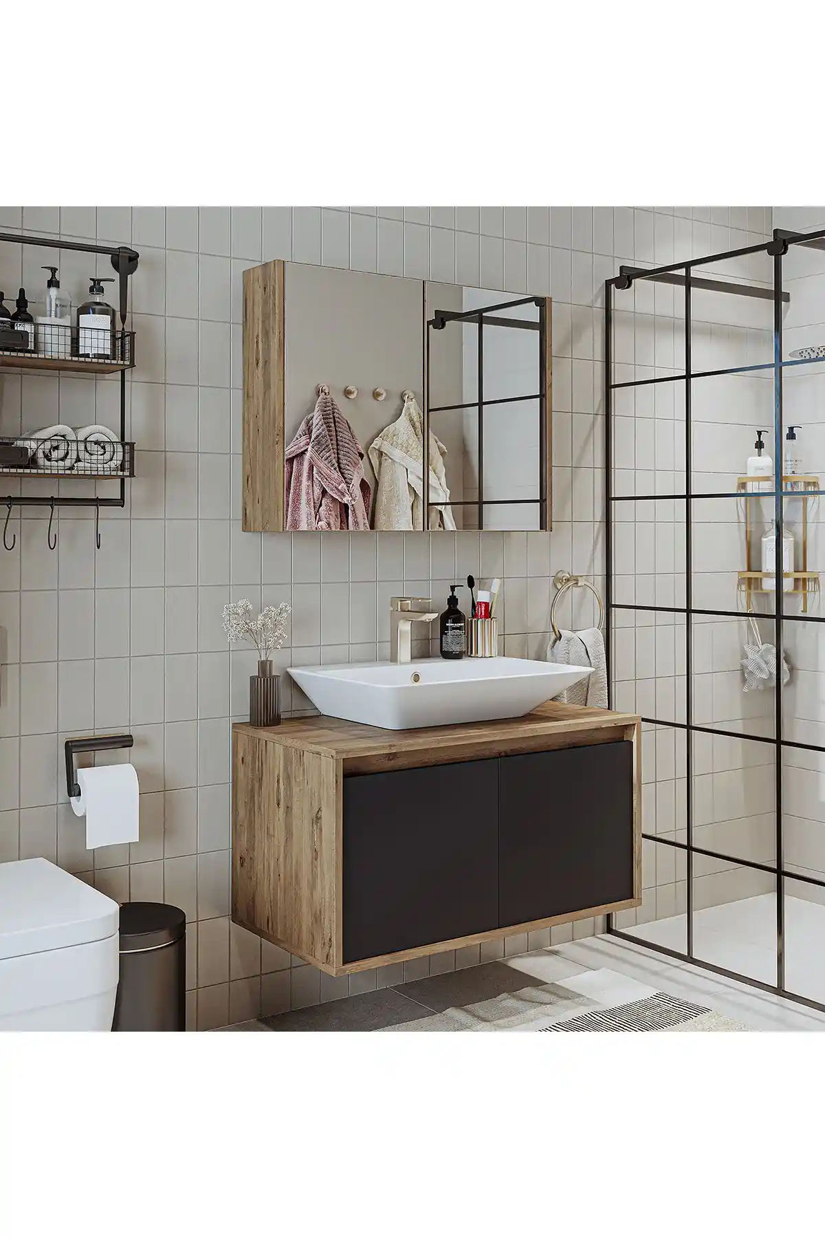 ROOMART Tm7.2 Ahşap-antrasit ve Ayaksız Lavabolu Banyo Dolaplarının Karşılaştırması