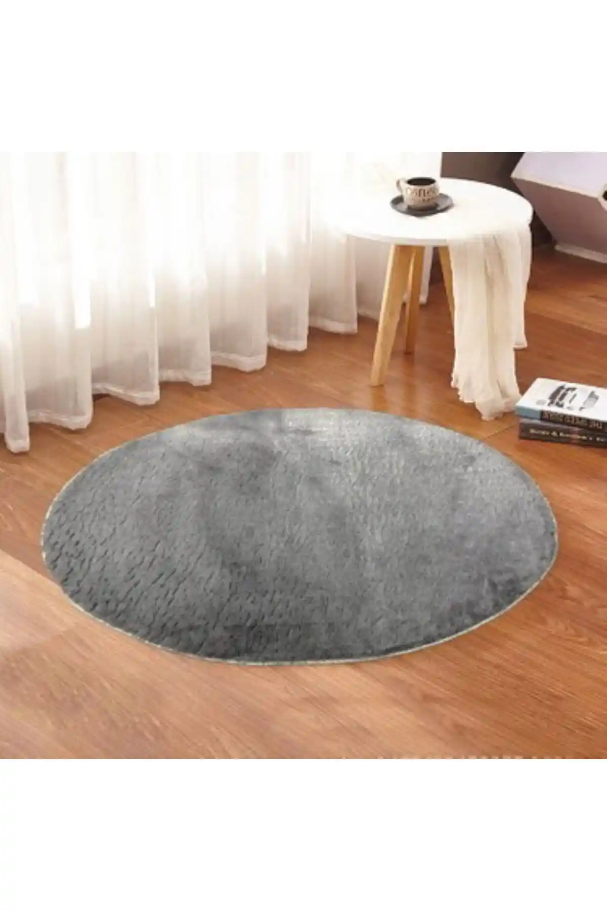 Sarar Buybox Seria Yuvarlak Düz Renk Antrasit Gri Peluş Kaydırmaz Halı