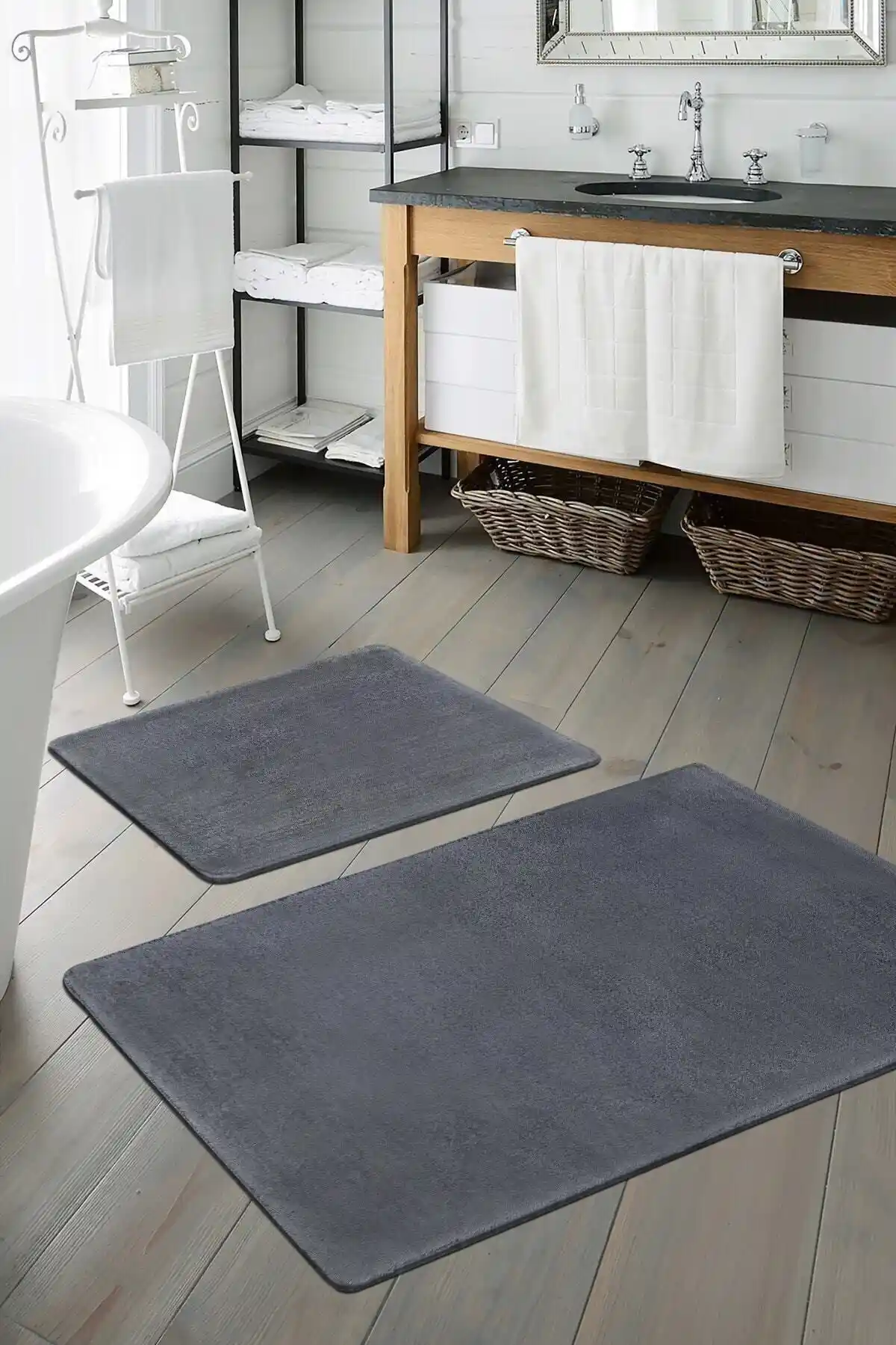 Sarar Peluş Antrasit Kaymaz Taban 2'li Banyo Paspası Takımı Modern Tasarım ve Güvenlik
