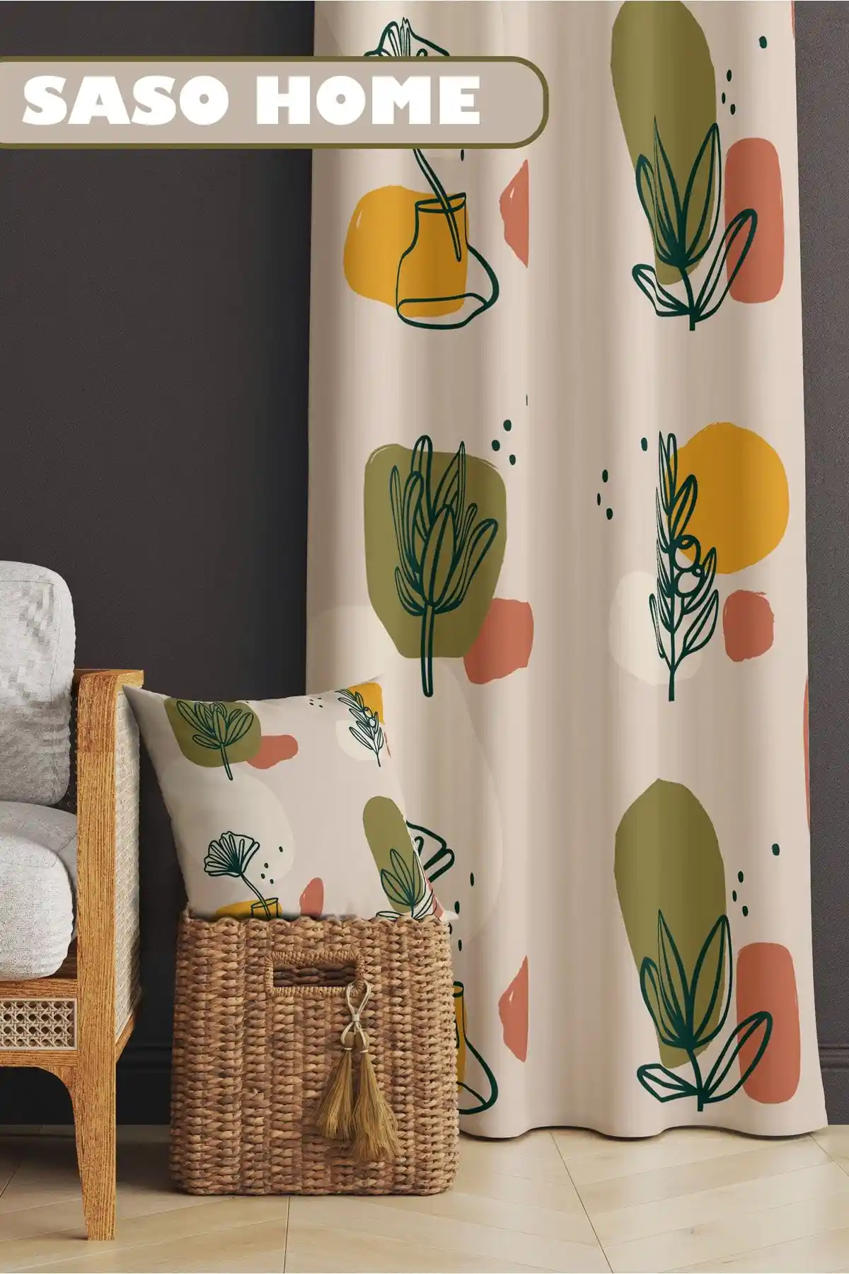 SasoHome İmaginary Surreal Çiçek Desenli Kadife Dijital Baskılı Fon Perde