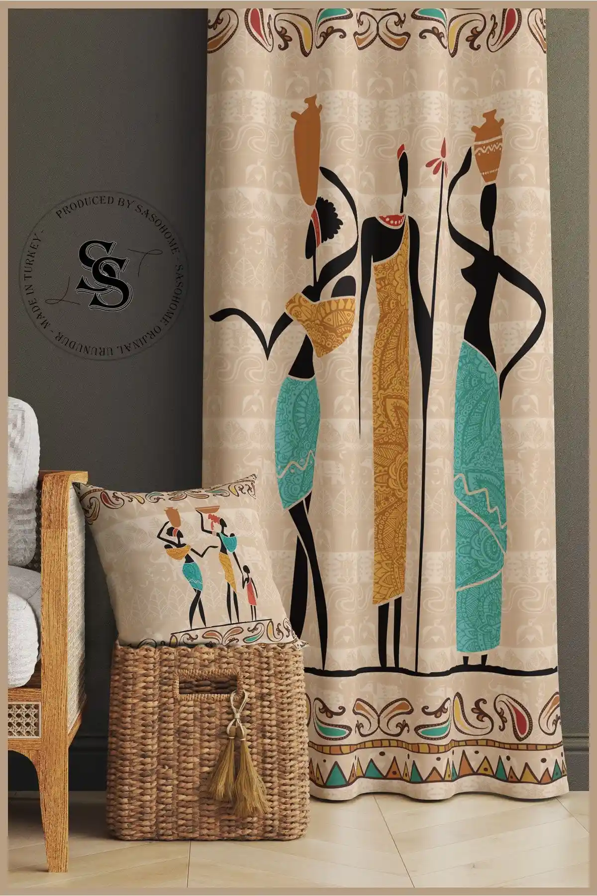 SasoHome Kadife Perde Turkuaz Etnik Afrika Desenli Şık ve Fonksiyonel Tasarım