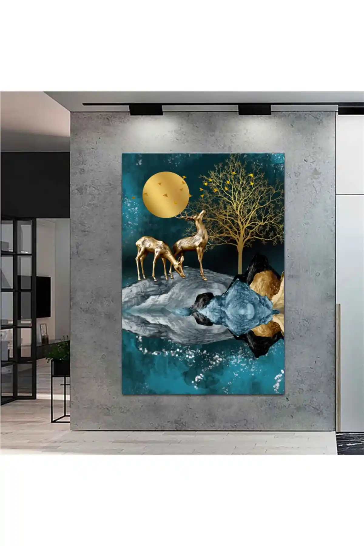 Sebenta Altın Dokulu Geyik Manzara Kanvas Tablo - Modern ve Şık Duvar Dekoru