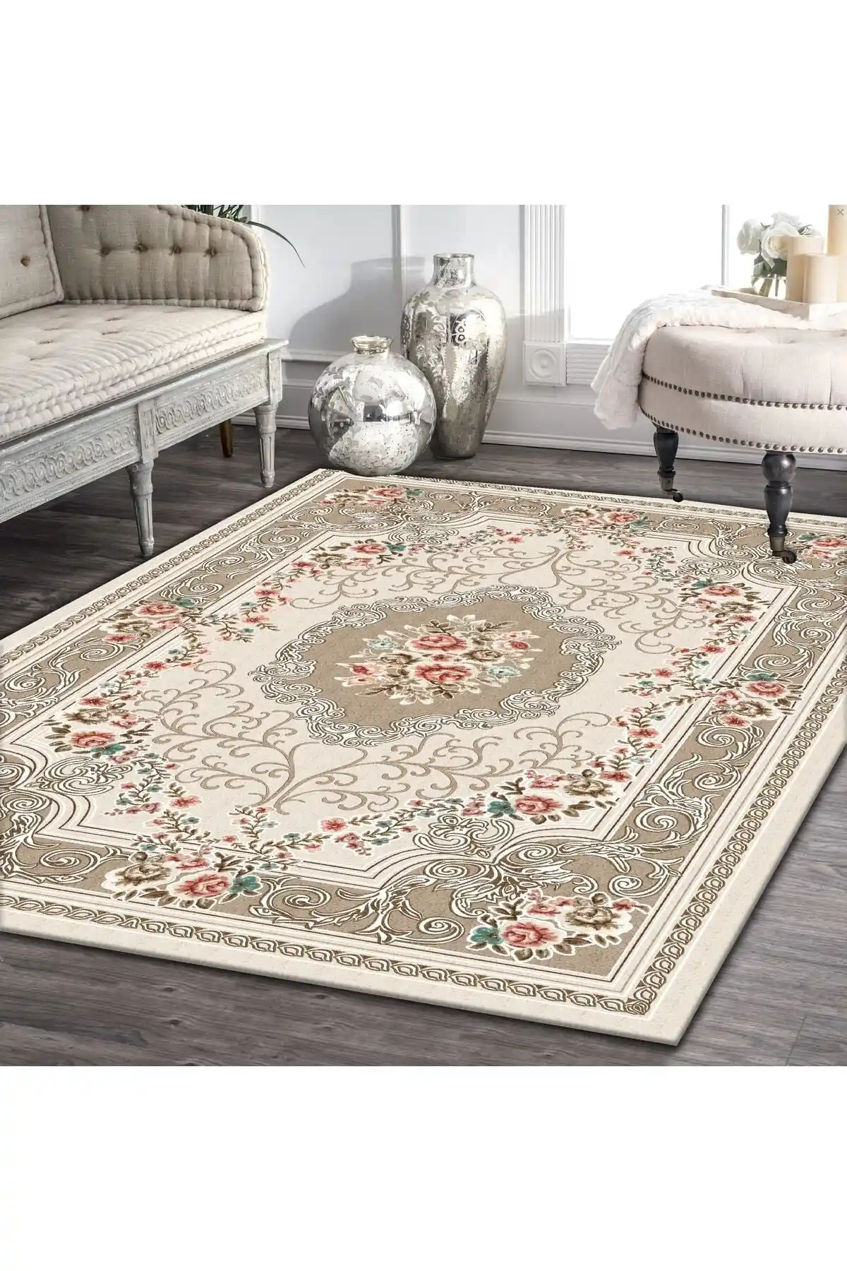 Sermod 10291 Süngerli Krem Kahve Kırmızı Çiçekli Kaymaz Halı Örtüsü Özellikleri