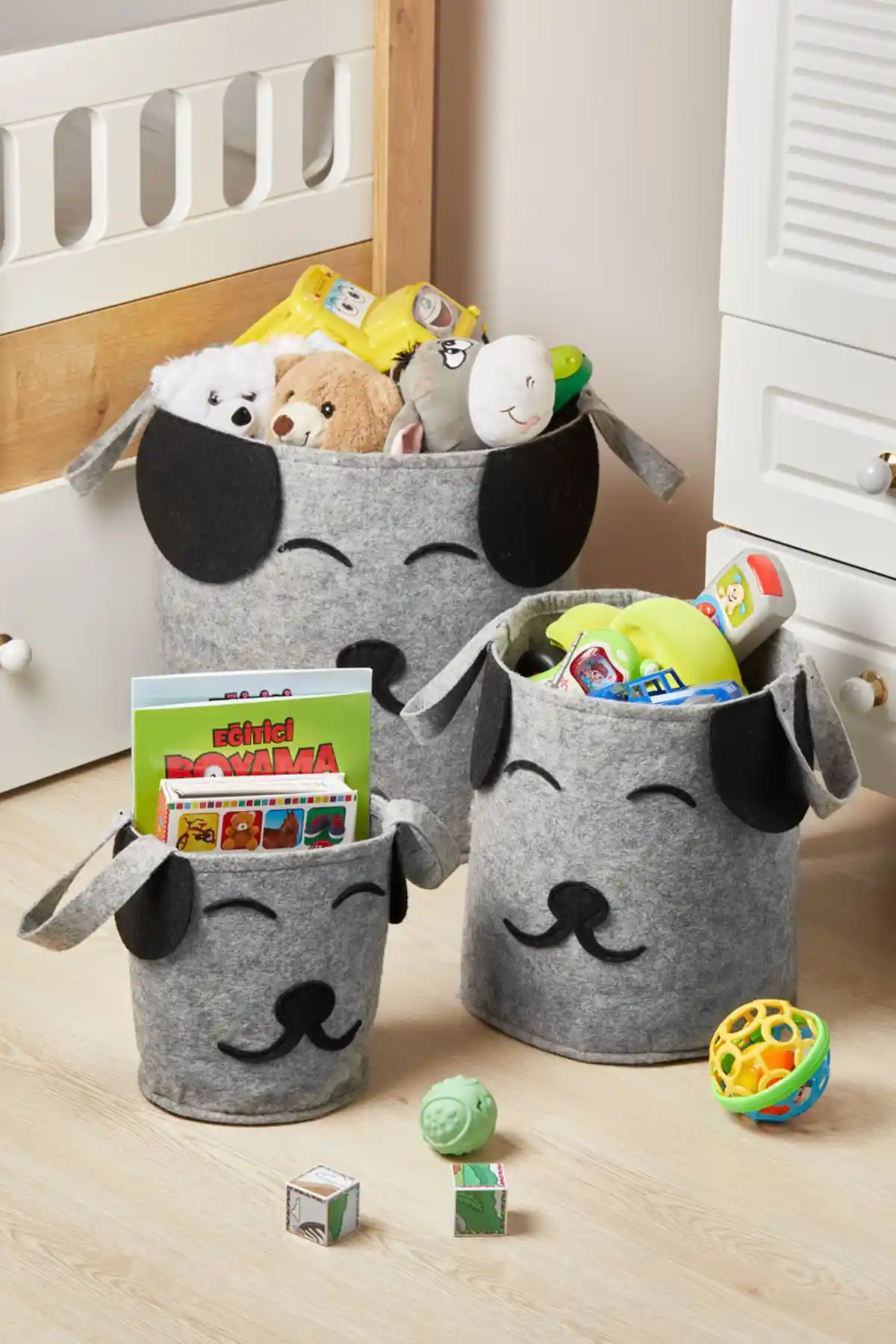 Serstil 3'lü Köpek Figürlü Oyuncak ve Çamaşır Saklama Sepeti Gri Renk ile Modern Dekoratif Çözüm