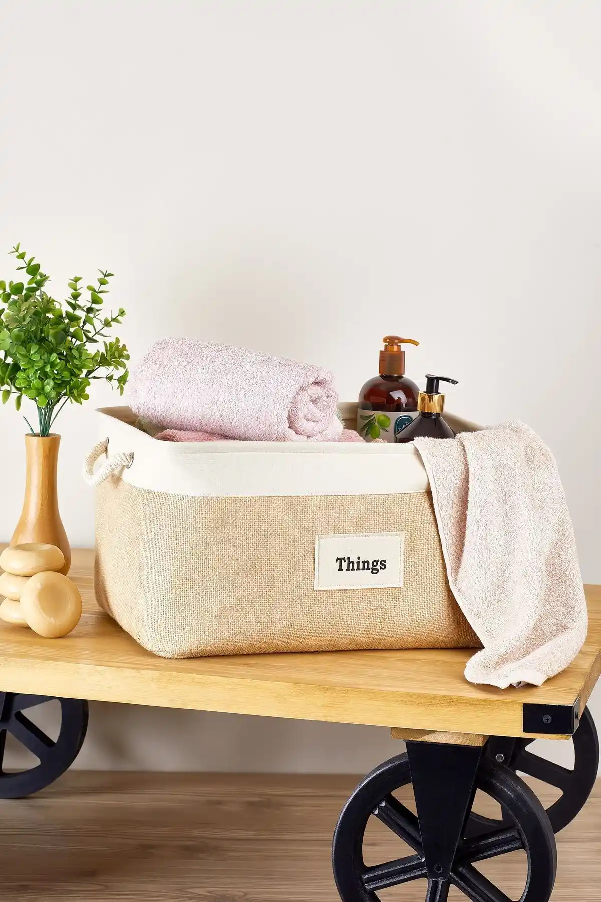 Serstil Krem Şeritli Dikdörtgen Jüt Sepet Büyük Boyutlu Doğal Depolama Çözümü