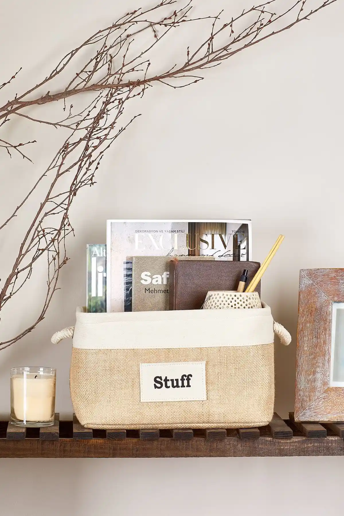 Serstil Krem Şeritli Dikdörtgen Jüt Sepetler Orta ve Küçük Boyut Karşılaştırması