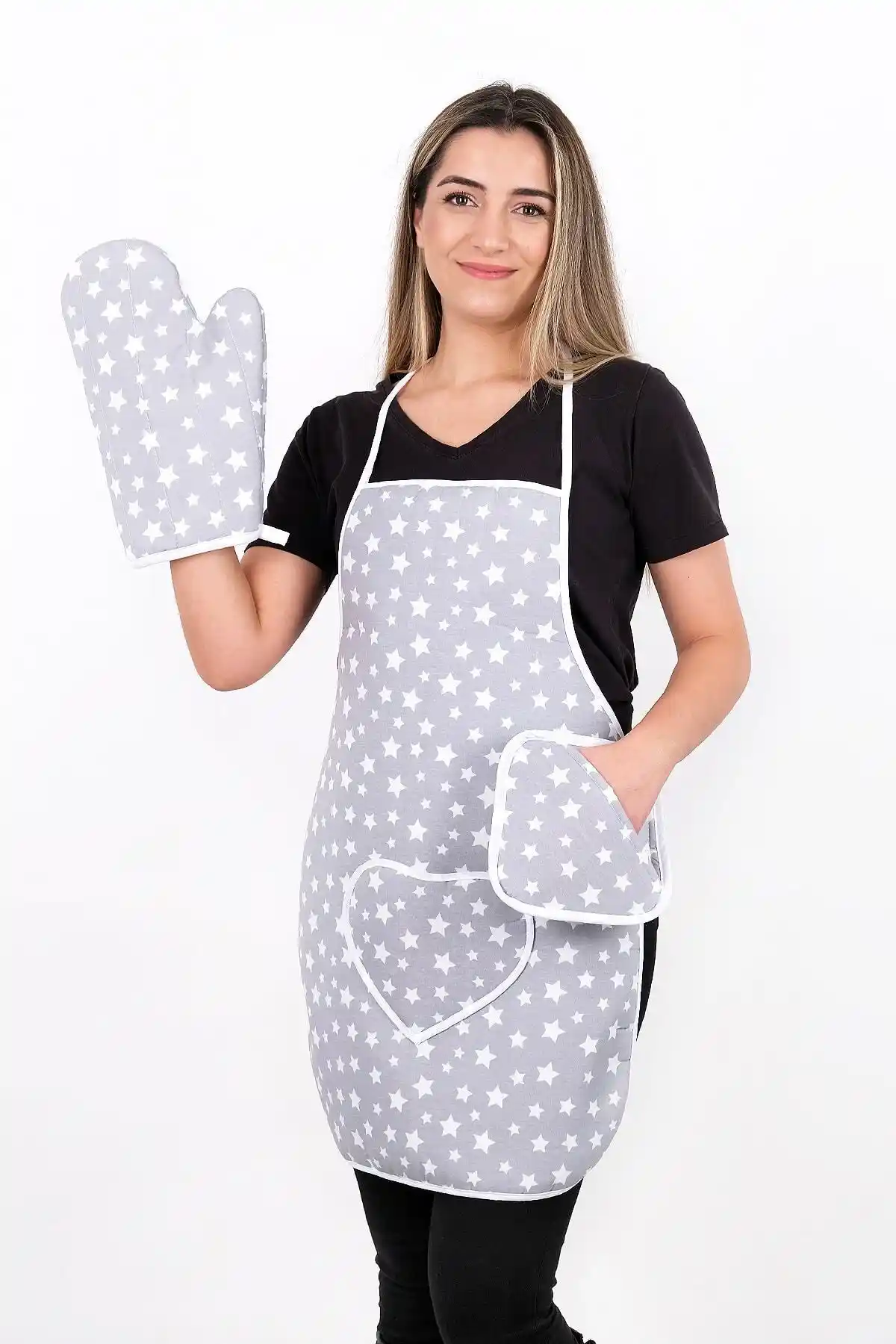 Sevilya Trendy 3'lü Mutfak Seti Sıvı Geçirmez Önlük ve Isıya Dayanıklı Eldiven