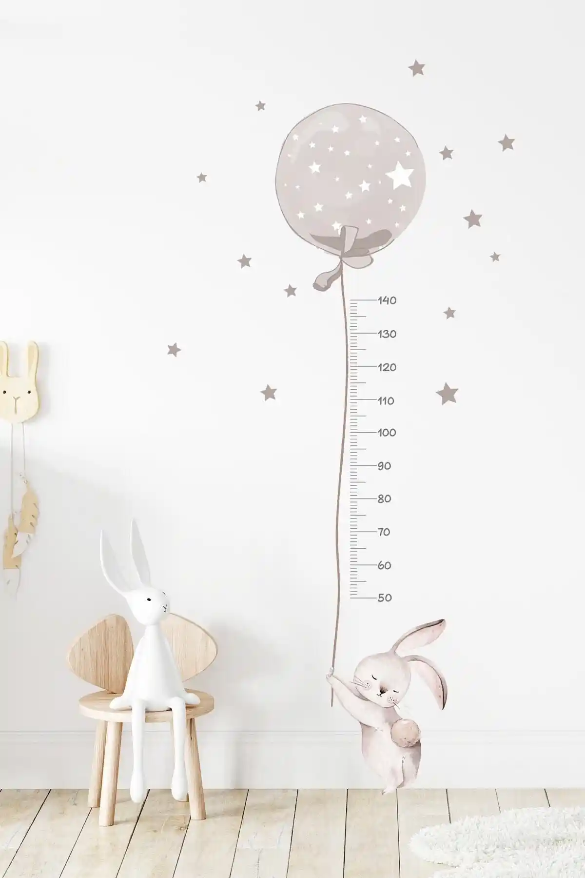 Sim Tasarım Füme Renk Balonlu Tavşan Boy Ölçer Duvar Sticker Seti Çocuk Odası Dekoru