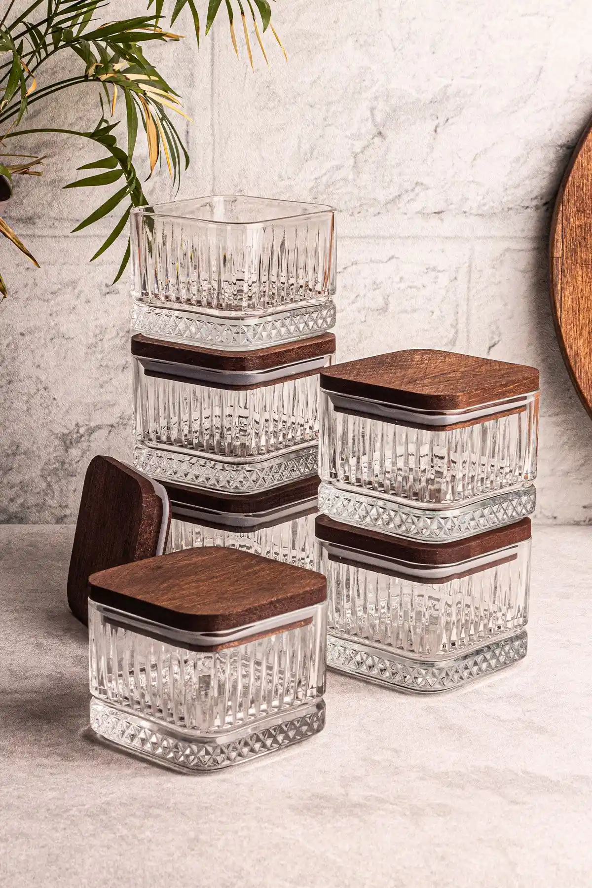 Snippy Bella Kare Ahşap ve Cam Kapaklı Vakumlu Saklama Seti Çok Amaçlı Kullanım İçin