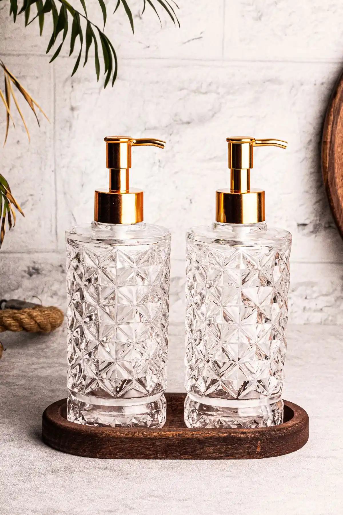 Snippy Mira Ahşap Stantlı 2'li Cam Sıvı Sabun Bulaşık Deterjanı Şişesi 250 ml