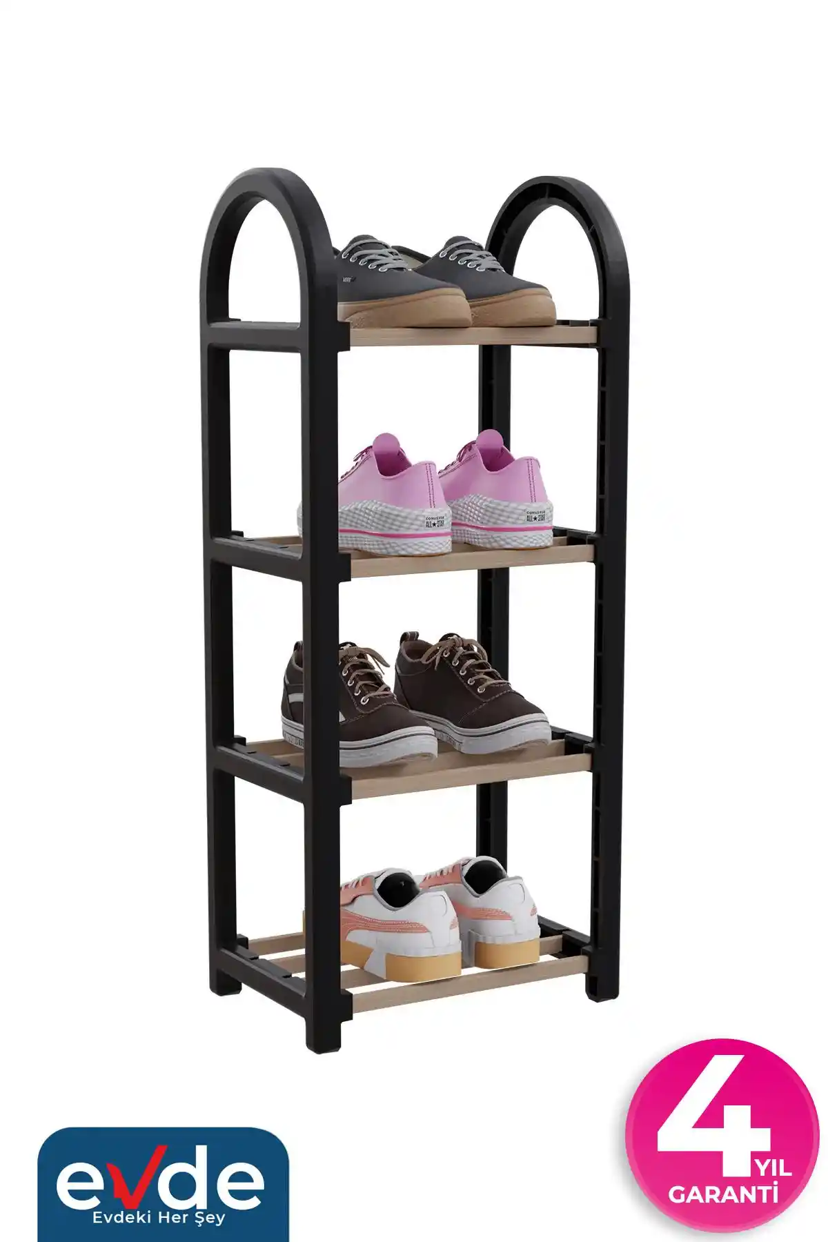Stickwood 4 Katlı Siyah Mini Ayakkabılık Raf Ünitesi Modern ve Dayanıklı Tasarım