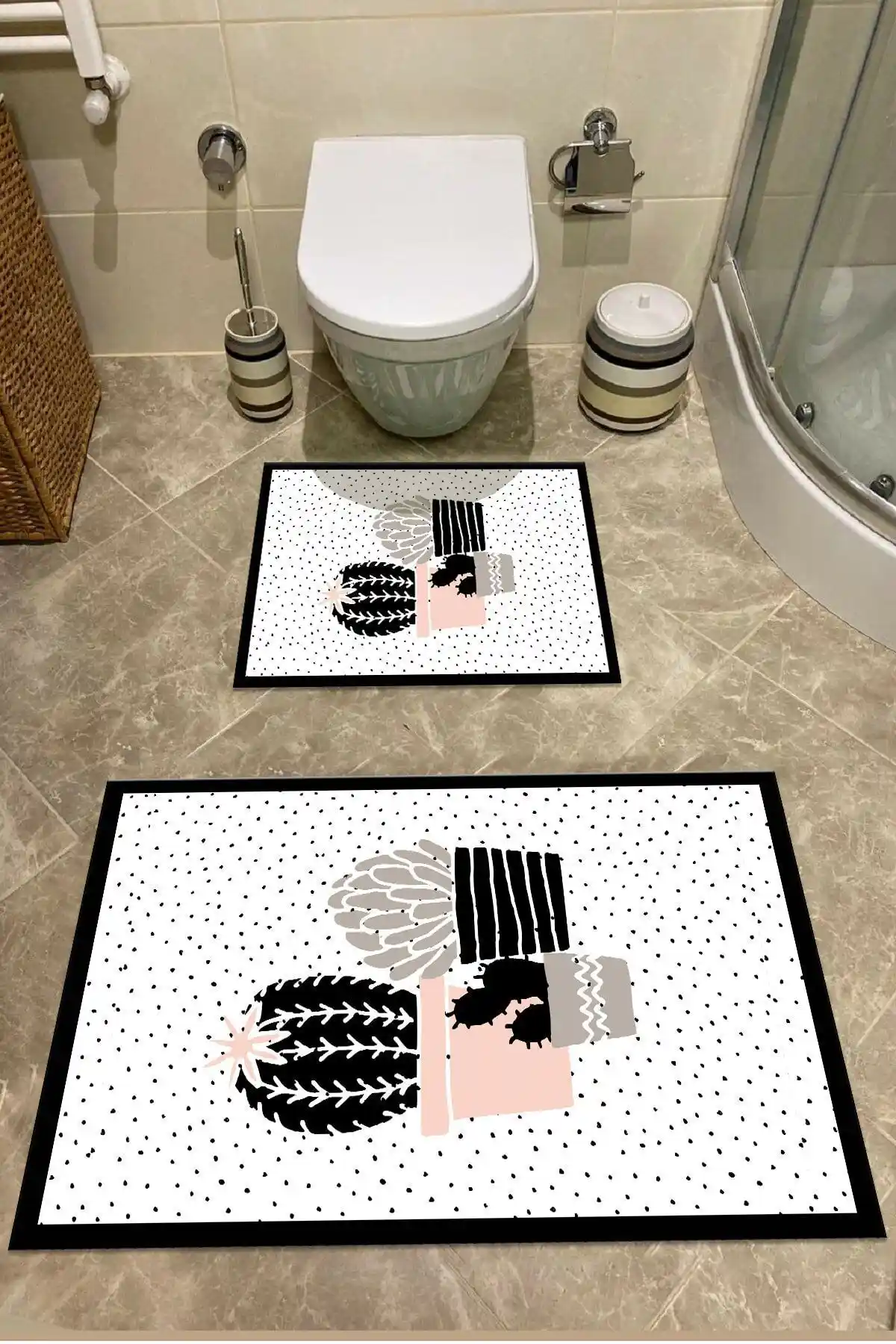 SÜNGERSAN Kaktüs Desenli Banyo Paspası ve Klozet Takımı Modern ve Fonksiyonel Tasarım
