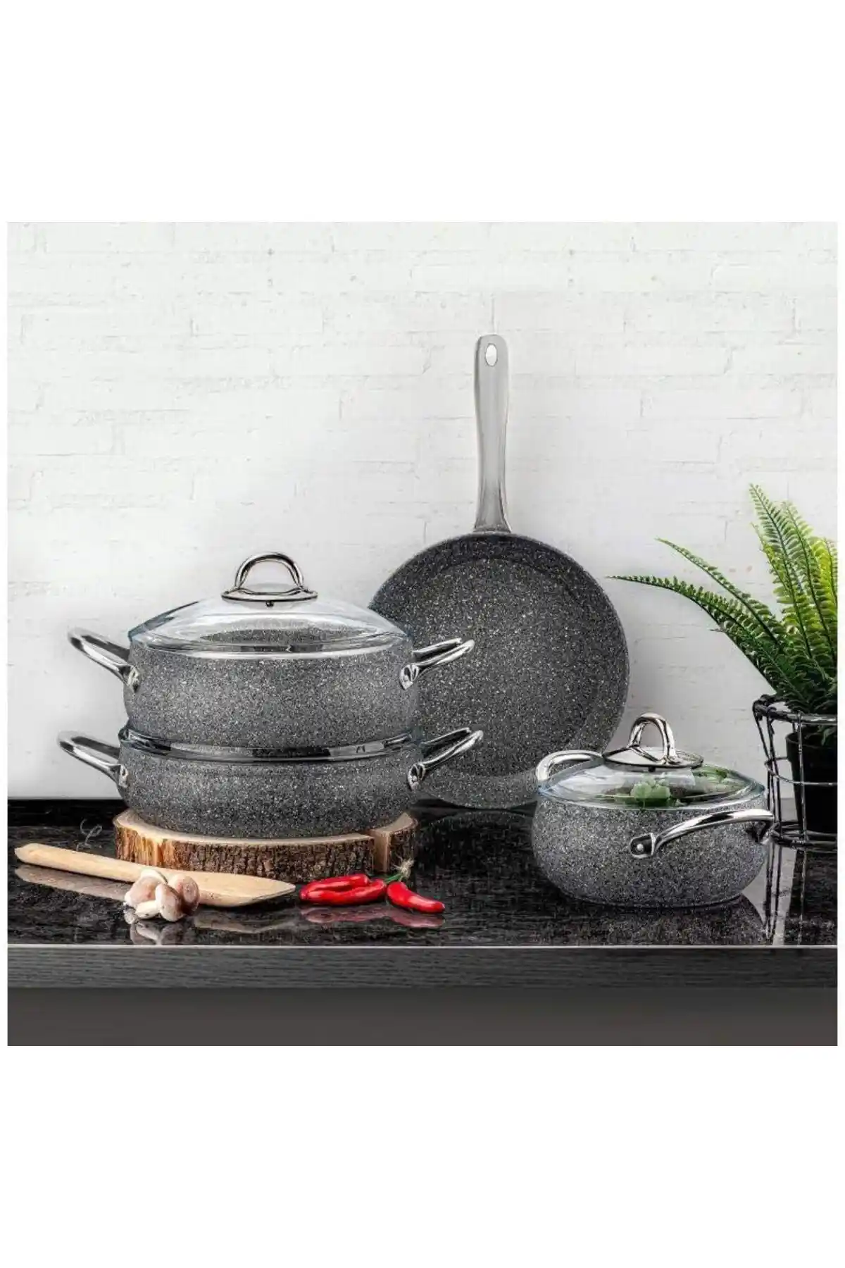Taç Luna 4'lü 7 Parça Granit Tencere Seti Gri Modern ve Dayanıklı Mutfak Gereçleri