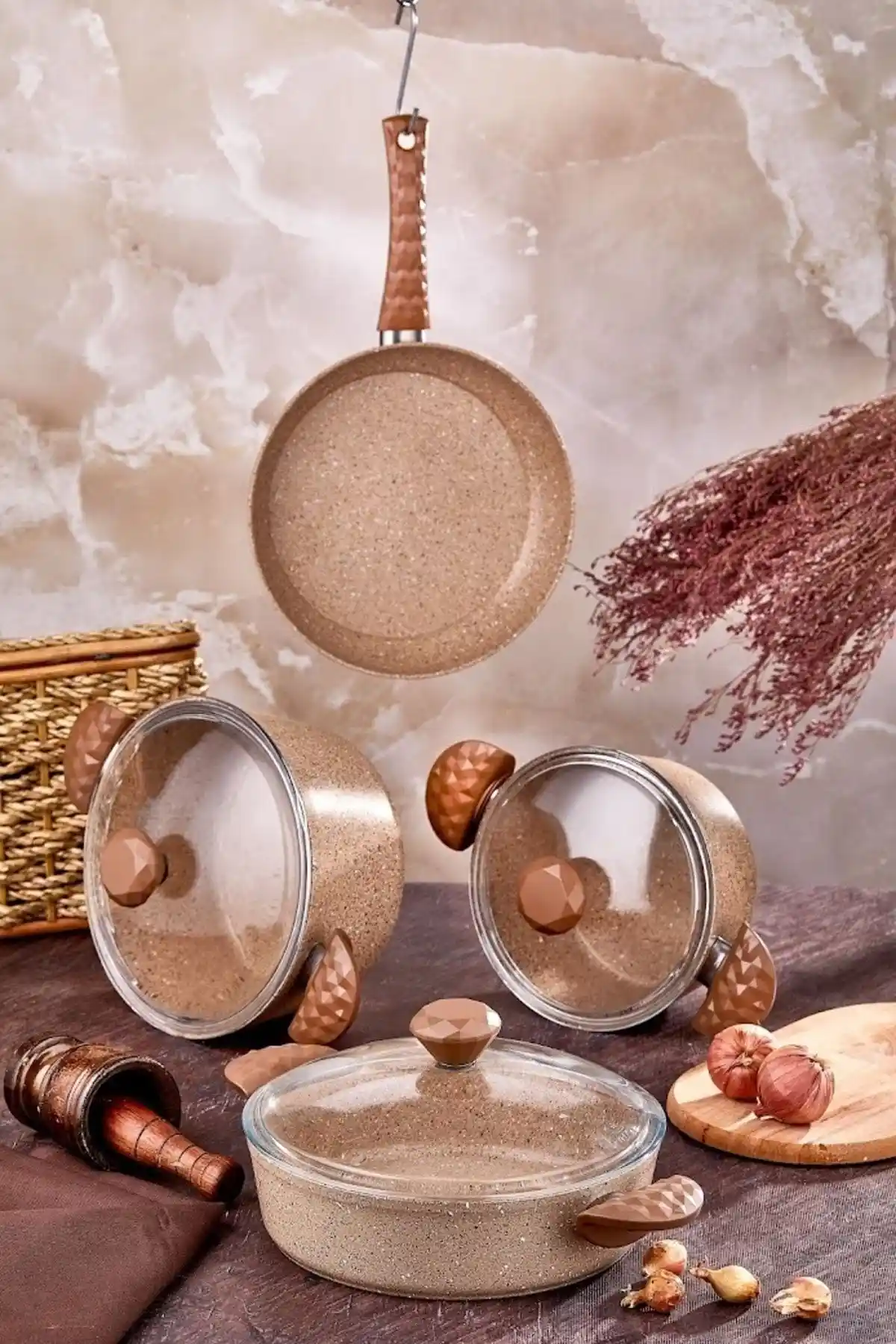 Taç Stone 7 Parçalı Granit Tencere Seti Cappuccino Renk Modern ve Dayanıklı Tasarım