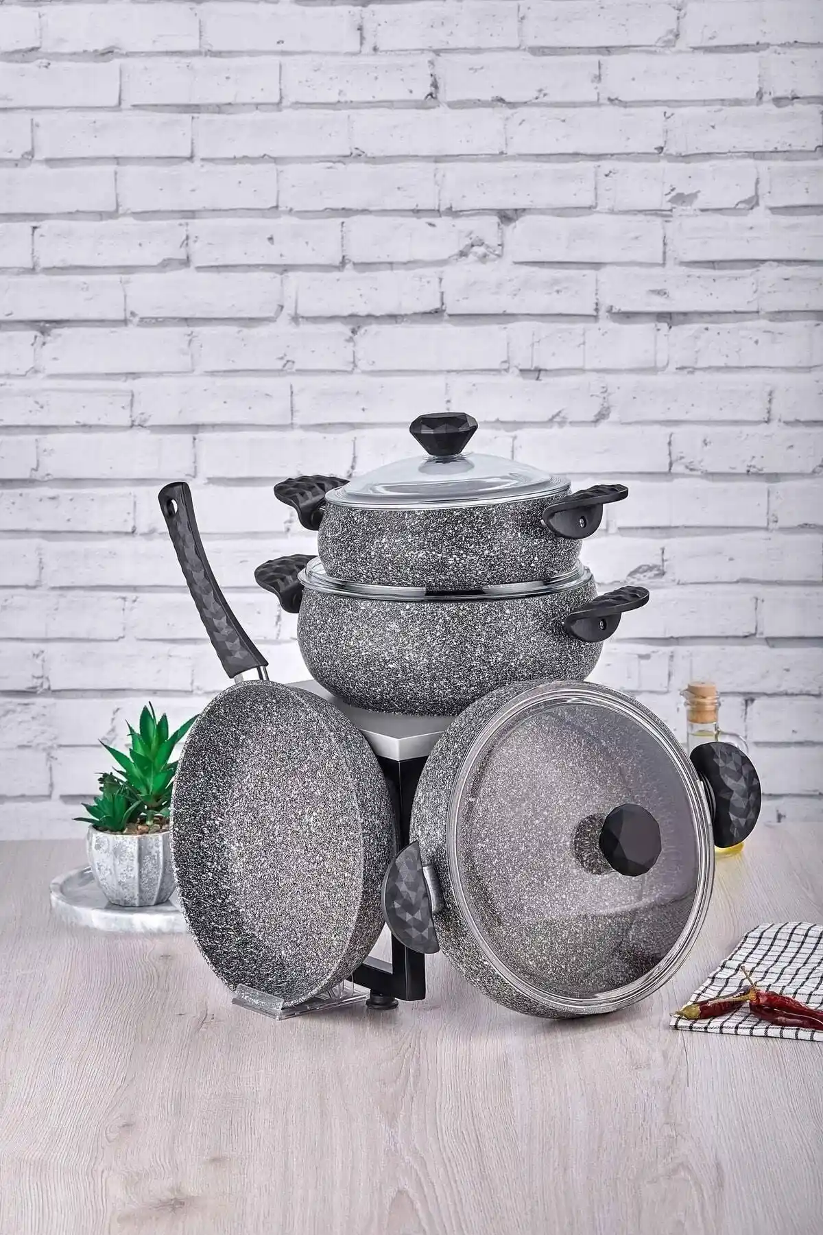 Taç Stone Tombik 7 Parça Gri Tencere Seti Modern ve Dayanıklı Mutfak Gereçleri