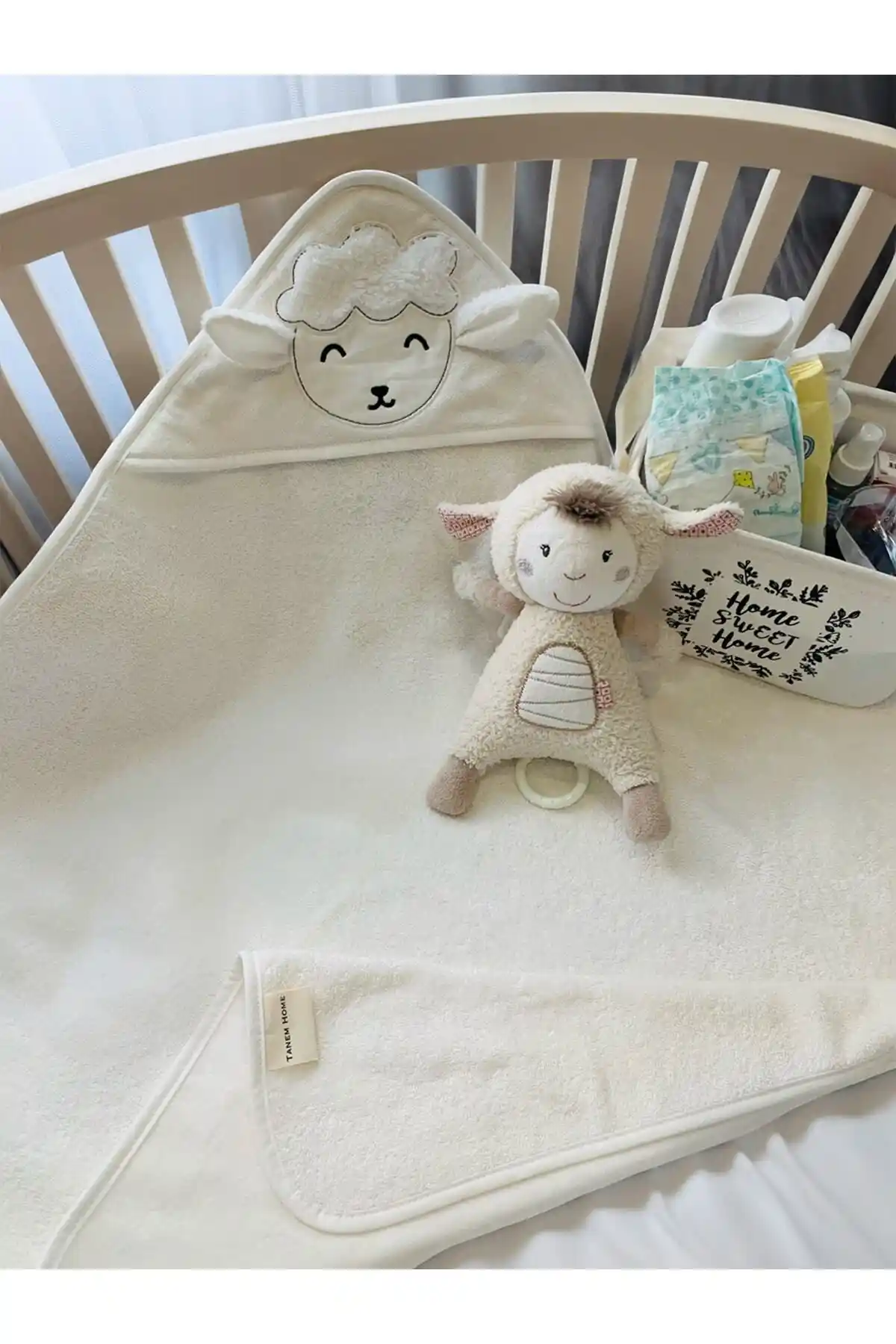 Tanem Home %100 Organik Pamuk Krem Kuzu Desenli Bebek Havlu Kundak 75x75 cm