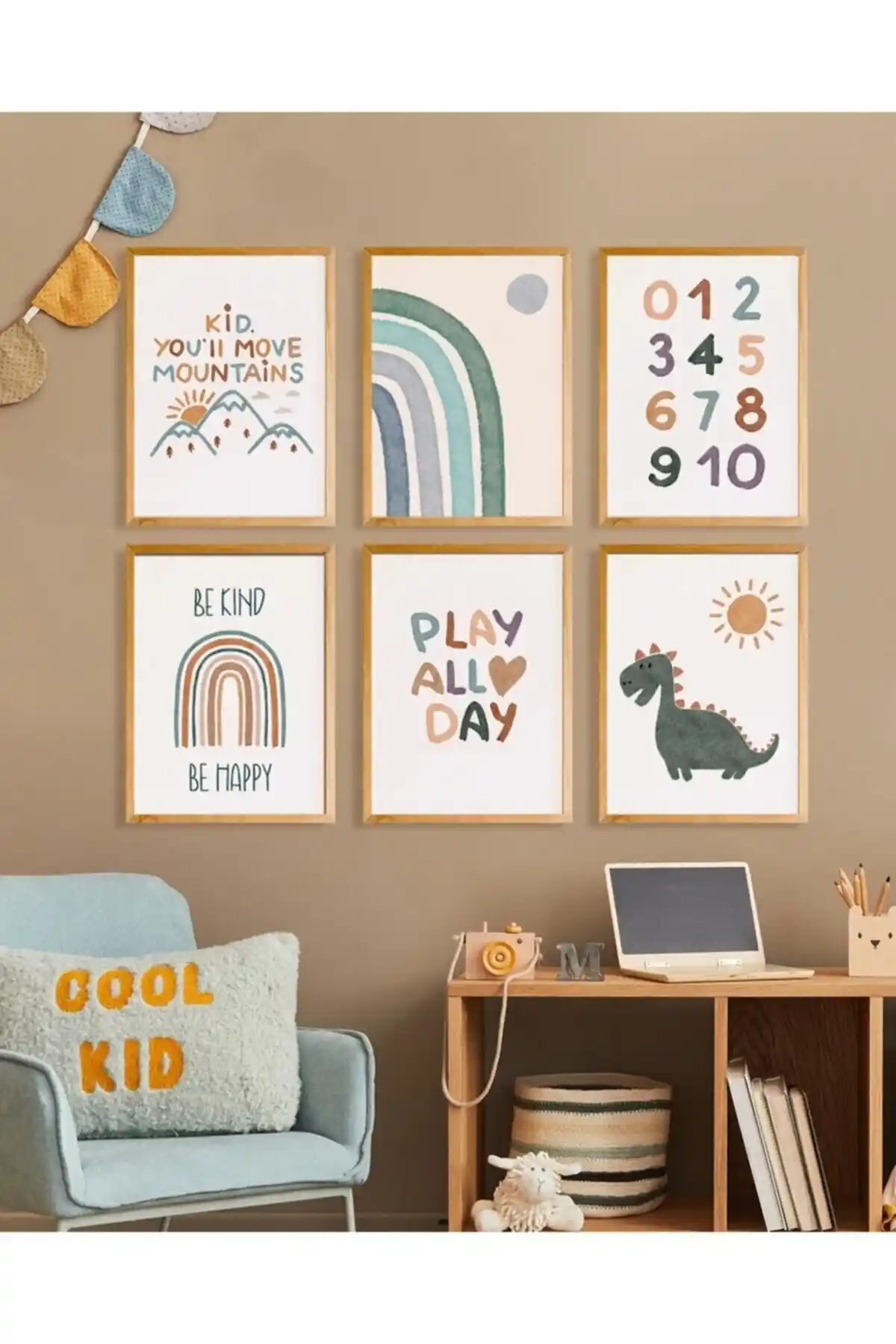 Teknograf Mutlu Çocuklar Ahşap Görünümde Renkli Duvar Tablo Seti Çocuk Odası Dekoru