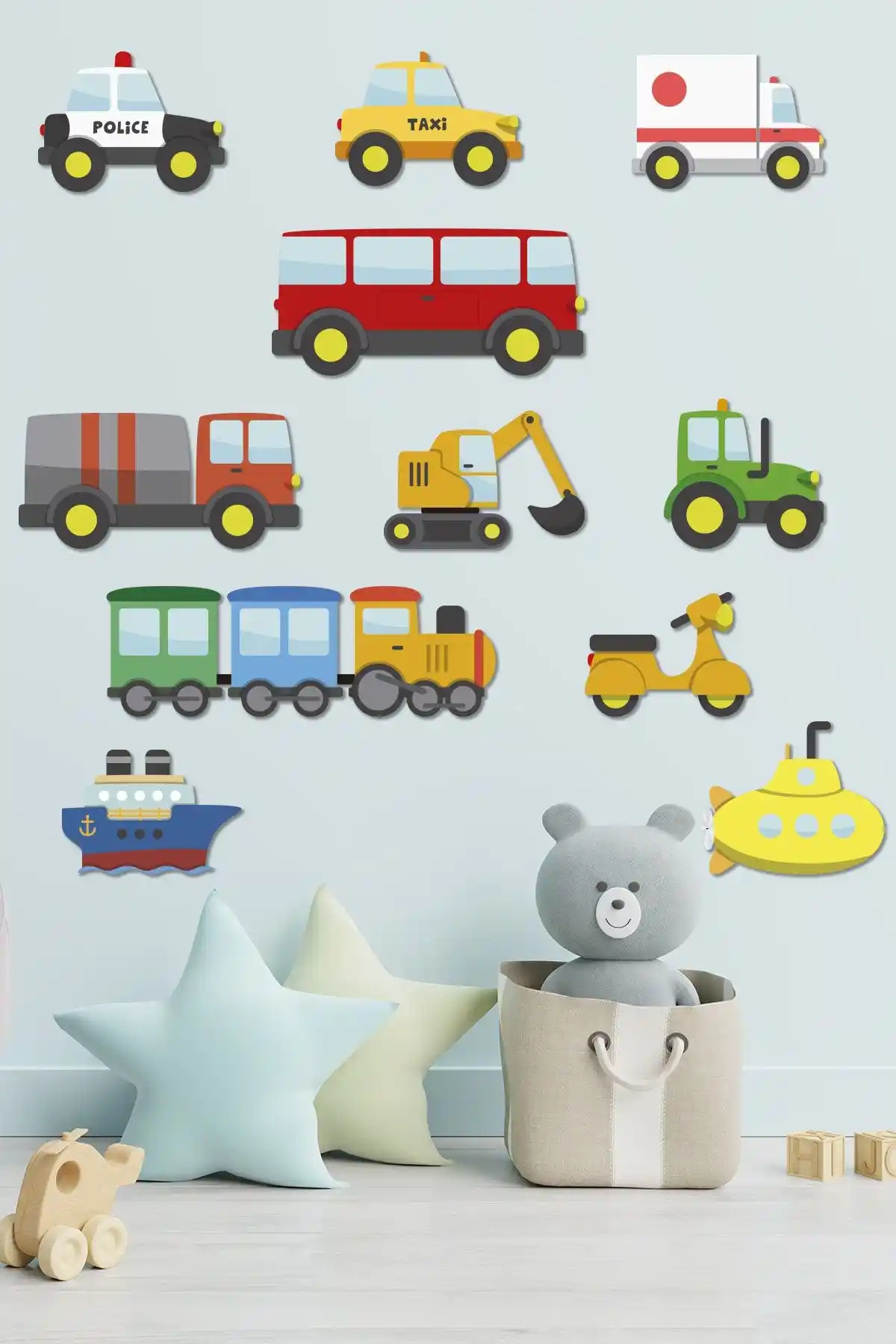 Tilki Dünyası Küçük Araçlar Çocuk Odası Duvar Stickerı Renkli ve Sağlıklı Dekorasyon Seçeneği