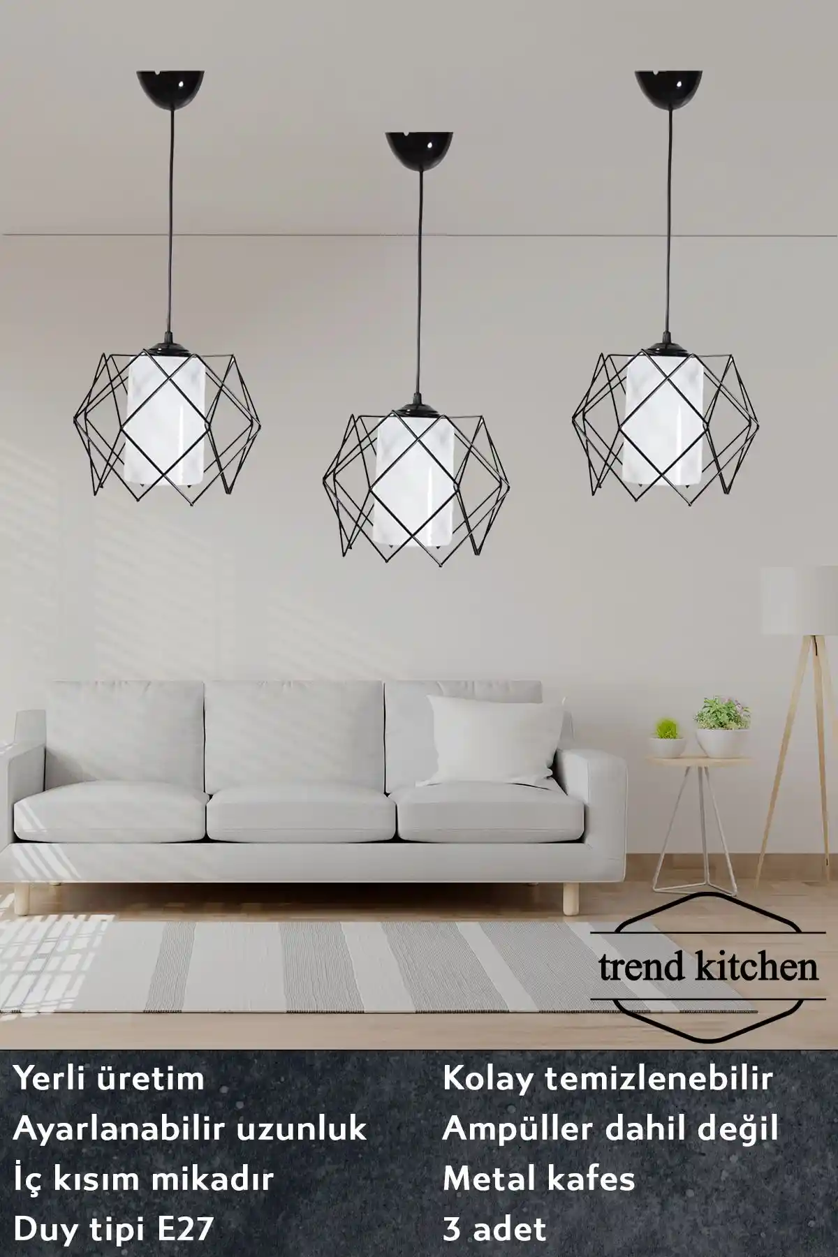 Trend Kitchen 3'lü Silvano Beyaz Camlı Modern Sarkıt Avize Ev Dekorasyonuna Şık Dokunuş