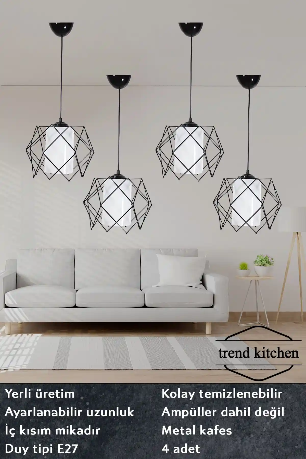 Trend Kitchen Modern Avize Seti Dört Parça Siyah Metal Tasarım Uzun Ömürlü