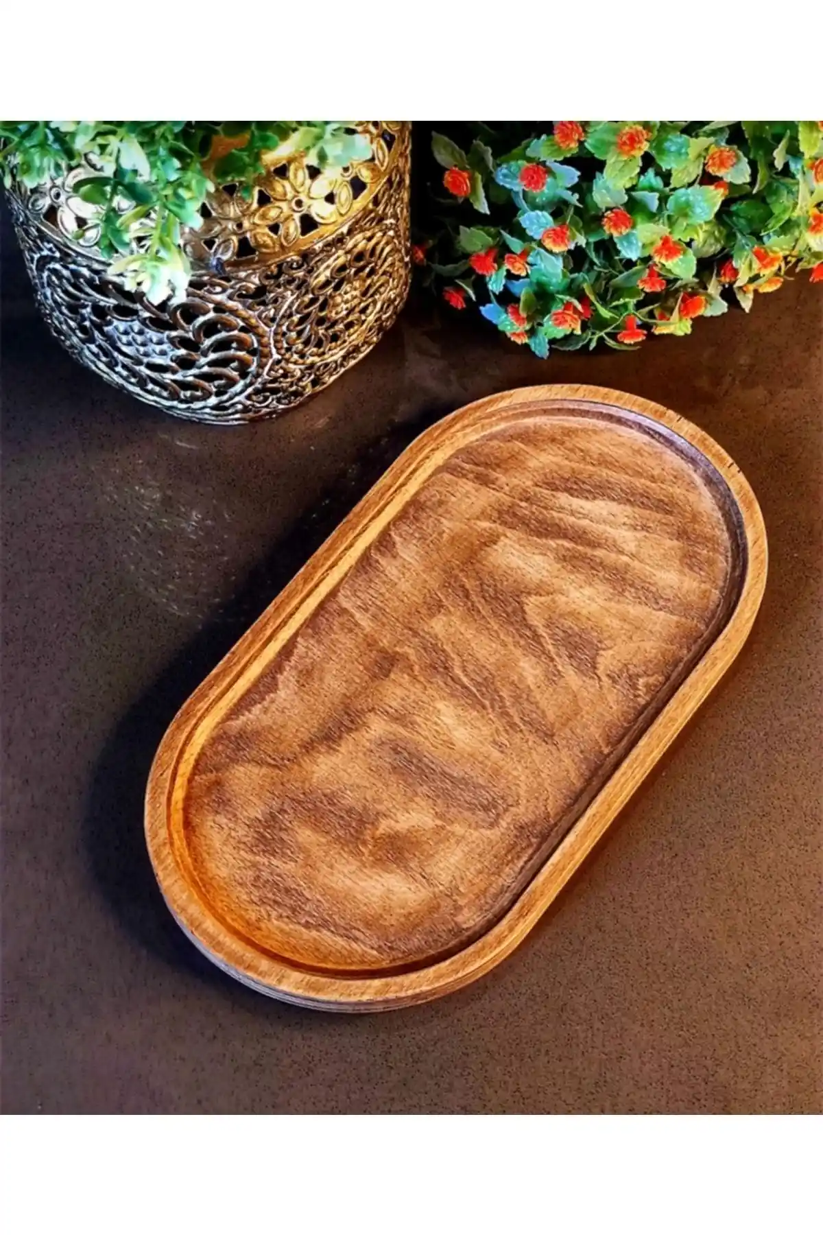 TRUSTMODA Doğal Ahşap Amber Renkli Çok Amaçlı Sıvı Yağlık ve Sunum Tabağı