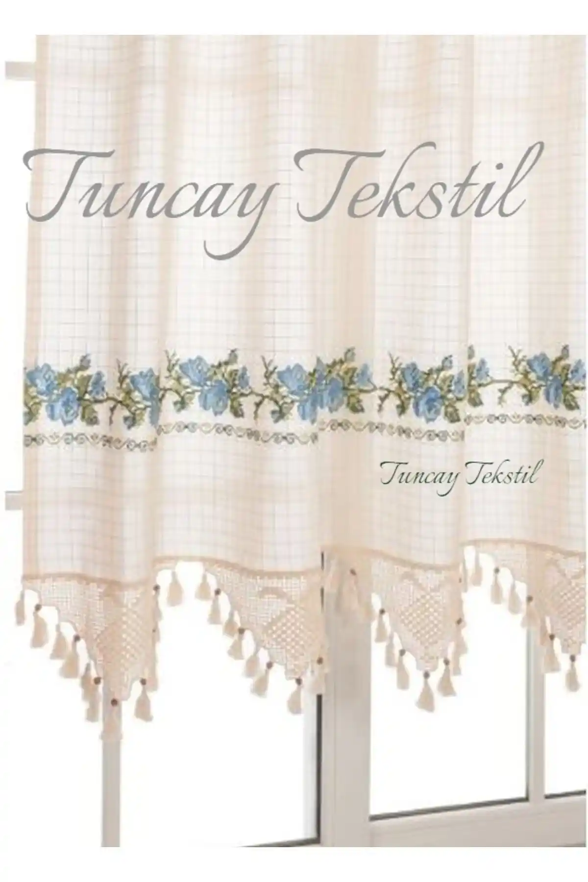 Tuncay Tekstil Mavi Kanaviçeli Keten Perde Estetik ve Dayanıklı Tasarım