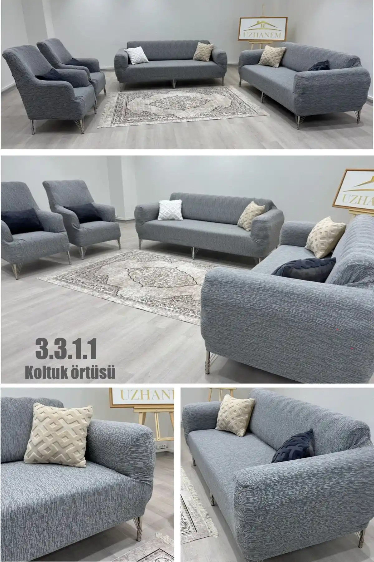UzHanem 3+3+1+1 Jakarlı Koltuk Örtüsü Takımı Gri Esnek ve Yıkanabilir Özelliklerle
