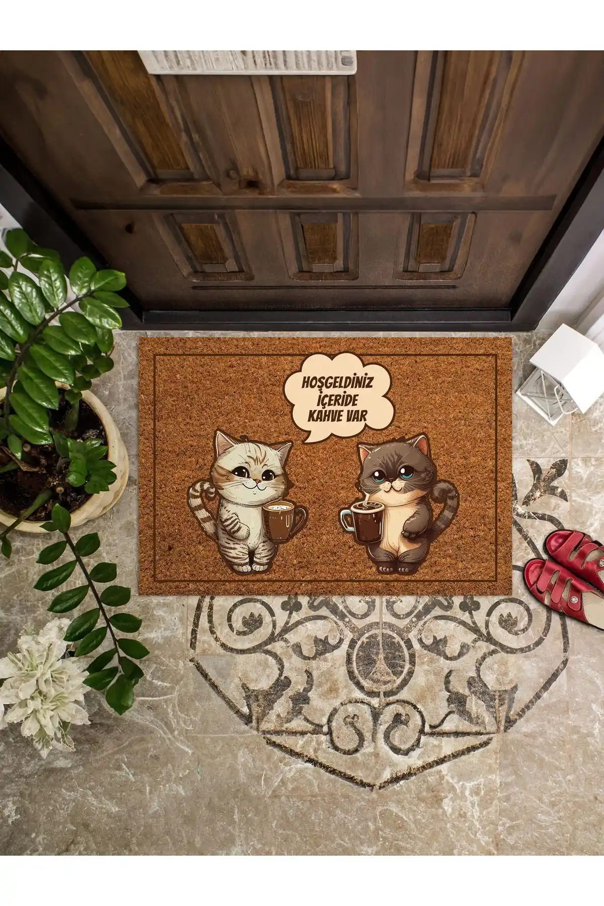 Viadela Kahve İçen Kediler Kapı Önü Paspası Modern ve Eğlenceli Dekorasyon Unsuru