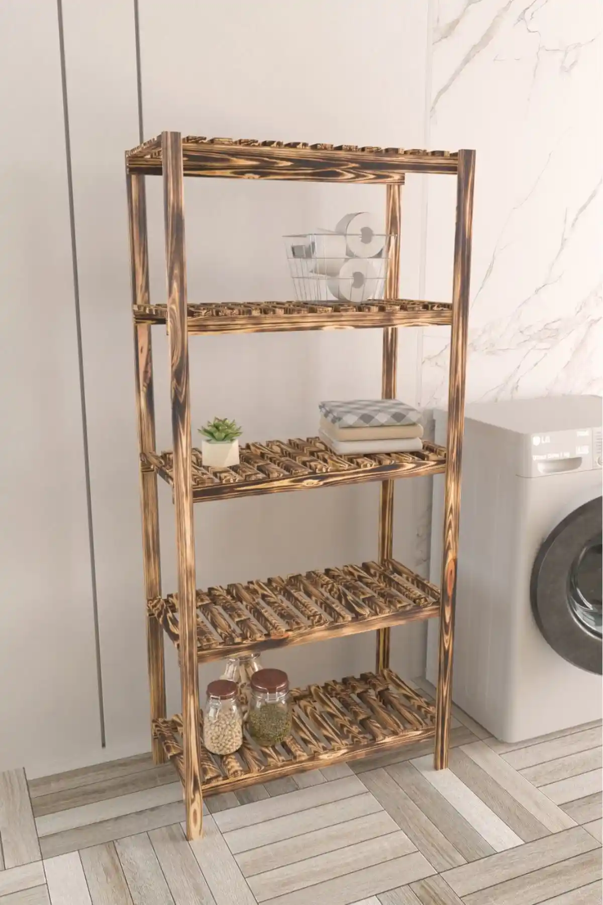 Victor Vallery 5 Raflı Masif Ahşap Banyo Düzenleyici Estetik ve Fonksiyonel Tasarım