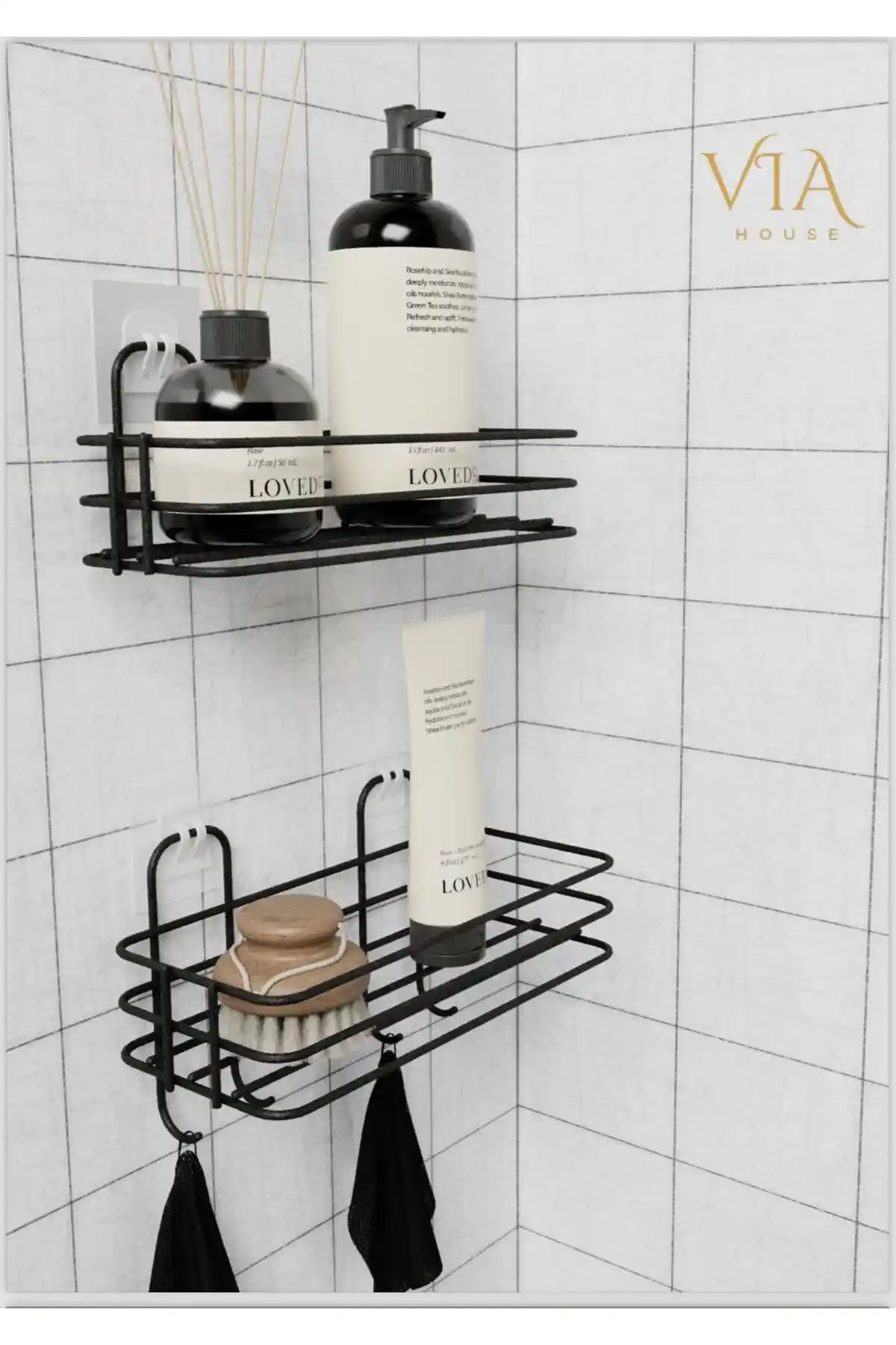 VİE HOUSE Siyah 2'li Şampuanlık ve Duş Rafı Organizer Modern Banyolar İçin