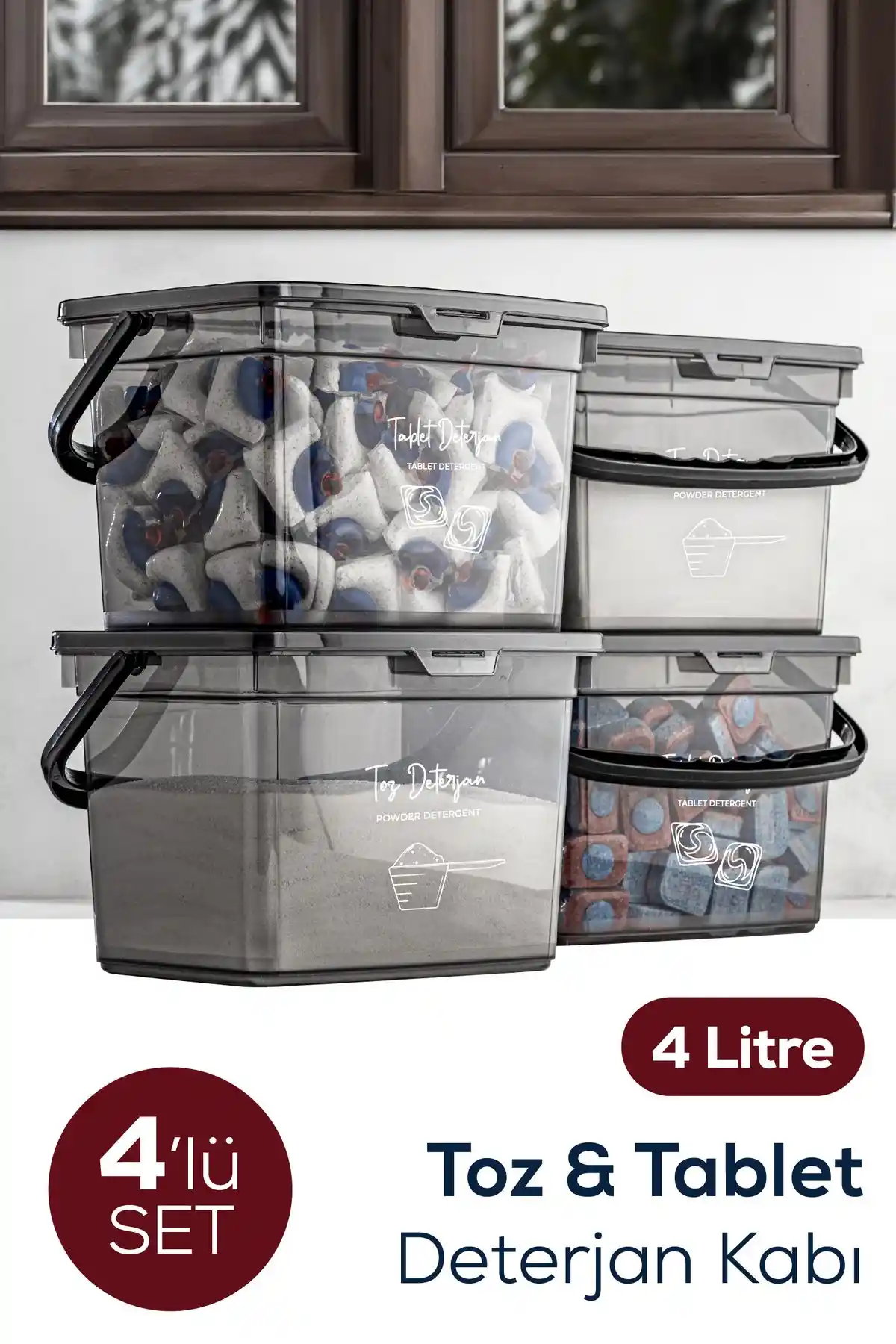 Vienev 4'lü 4 Litre Beyaz Serigrafi Etiketli Toz Tablet Deterjan Saklama Kabı