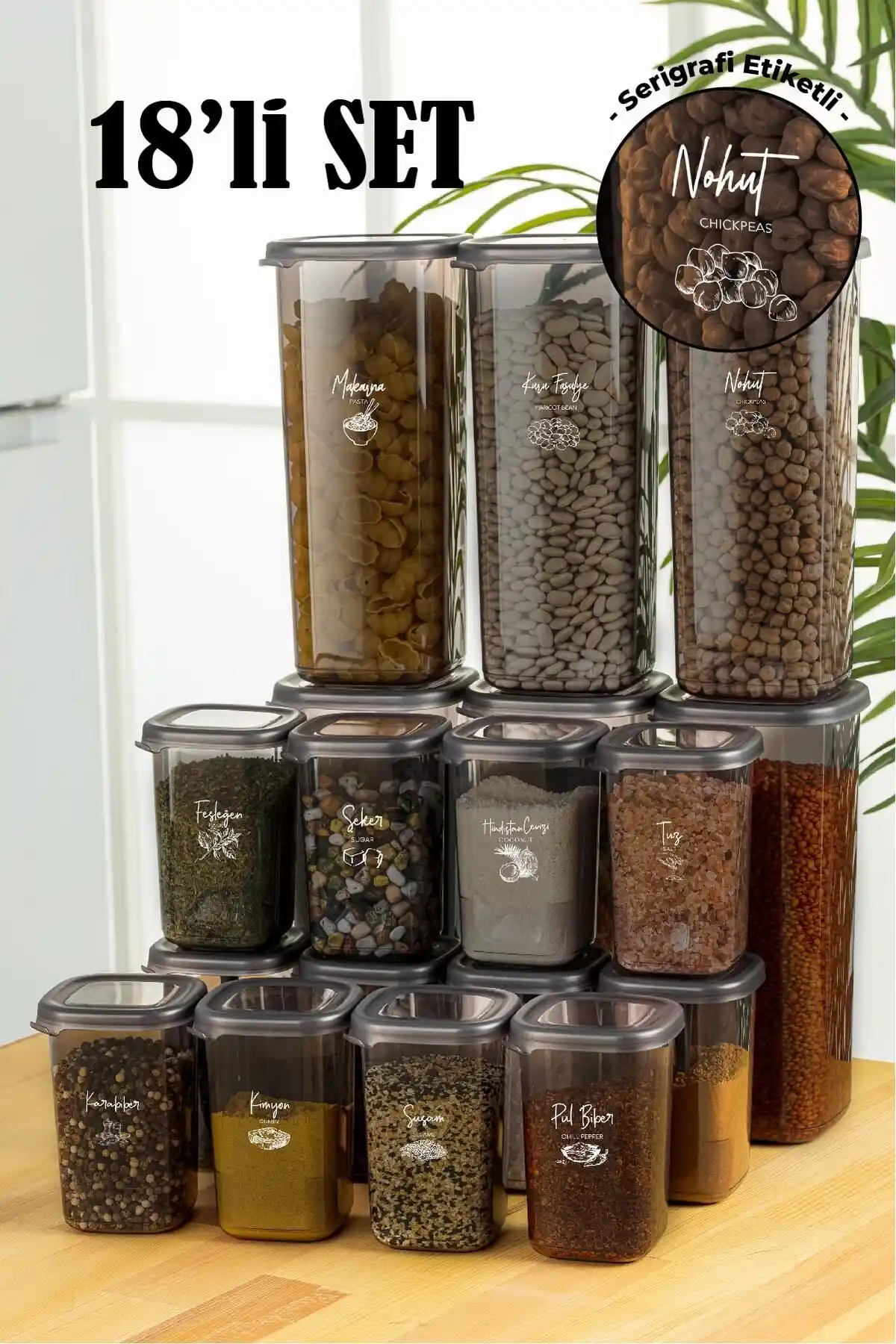 Vienev Beyaz Serigrafi Etiketli 18'li Peggy Kare Erzak ve Baharat Saklama Seti