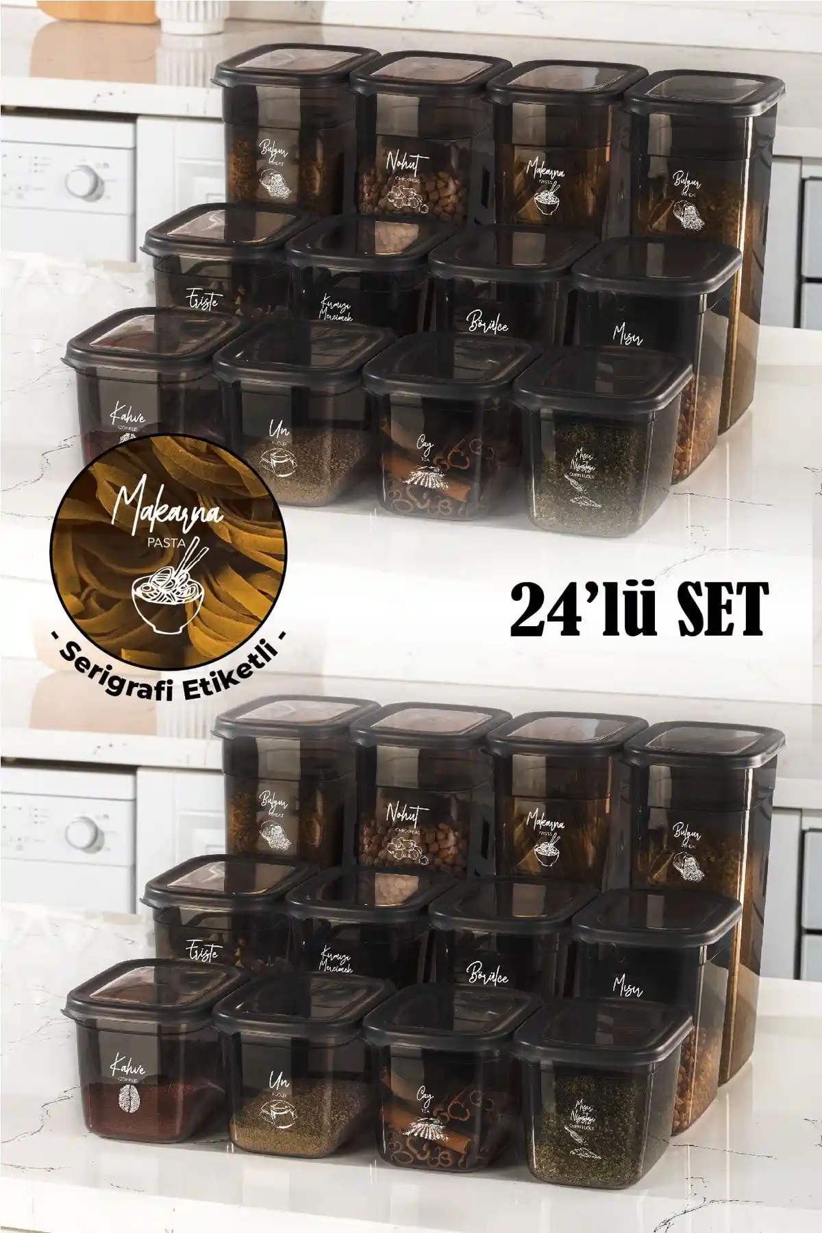 Vienev Beyaz Serigrafi Etiketli 24'lü Saklama Kabı Seti Mutfak Düzeni ve Pratiklik Sağlar