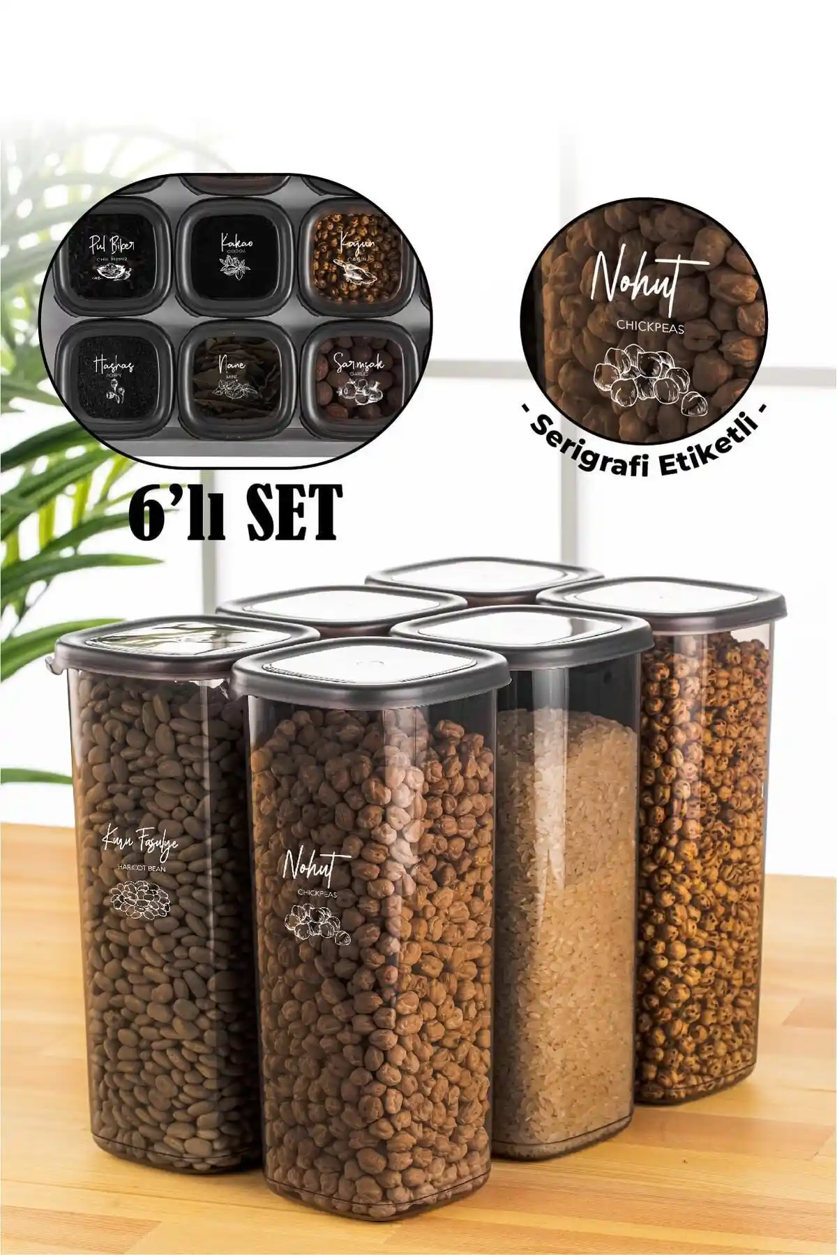 Vienev Beyaz Serigrafi Etiketli 6'lı 1,75 Litre Peggy Kare Gıda Saklama Kabı Seti