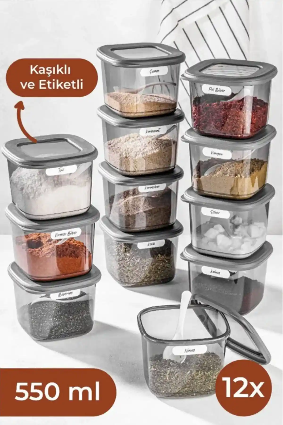 Vienev Etiketli ve Kaşıklı Kare Erzak Saklama Kabı Setiyle Mutfak Düzeninizi Geliştirin